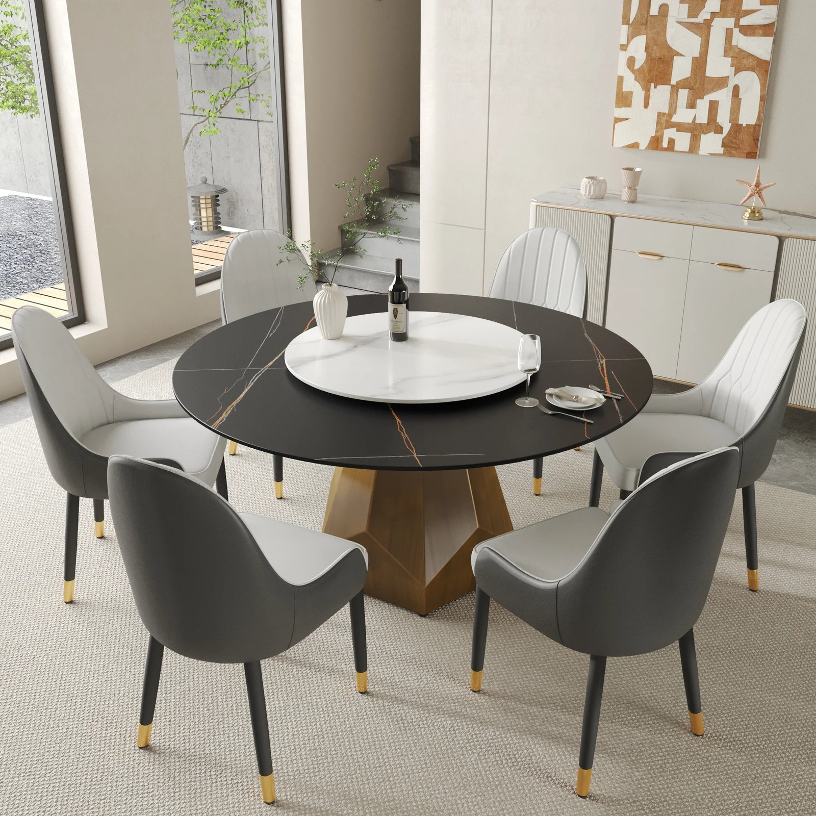 Mesa de comedor Marbella de piedra sinterizada | Redonda de 150 cm (59") en negro mate con plato giratorio Lazy Susan