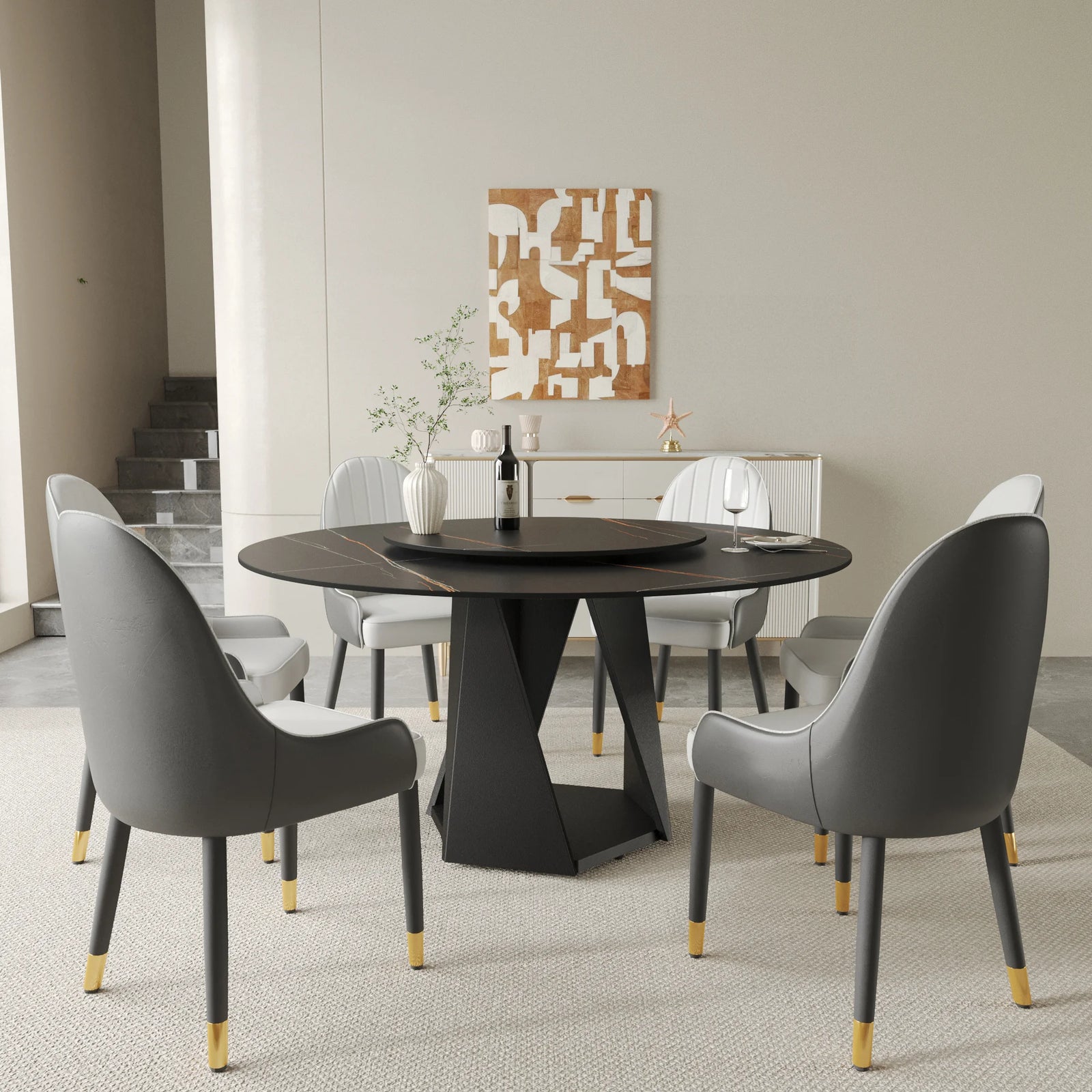 Marbella Sintered Stone Dining Table | 59" Matte Black Round With Lazy Susan Turntable