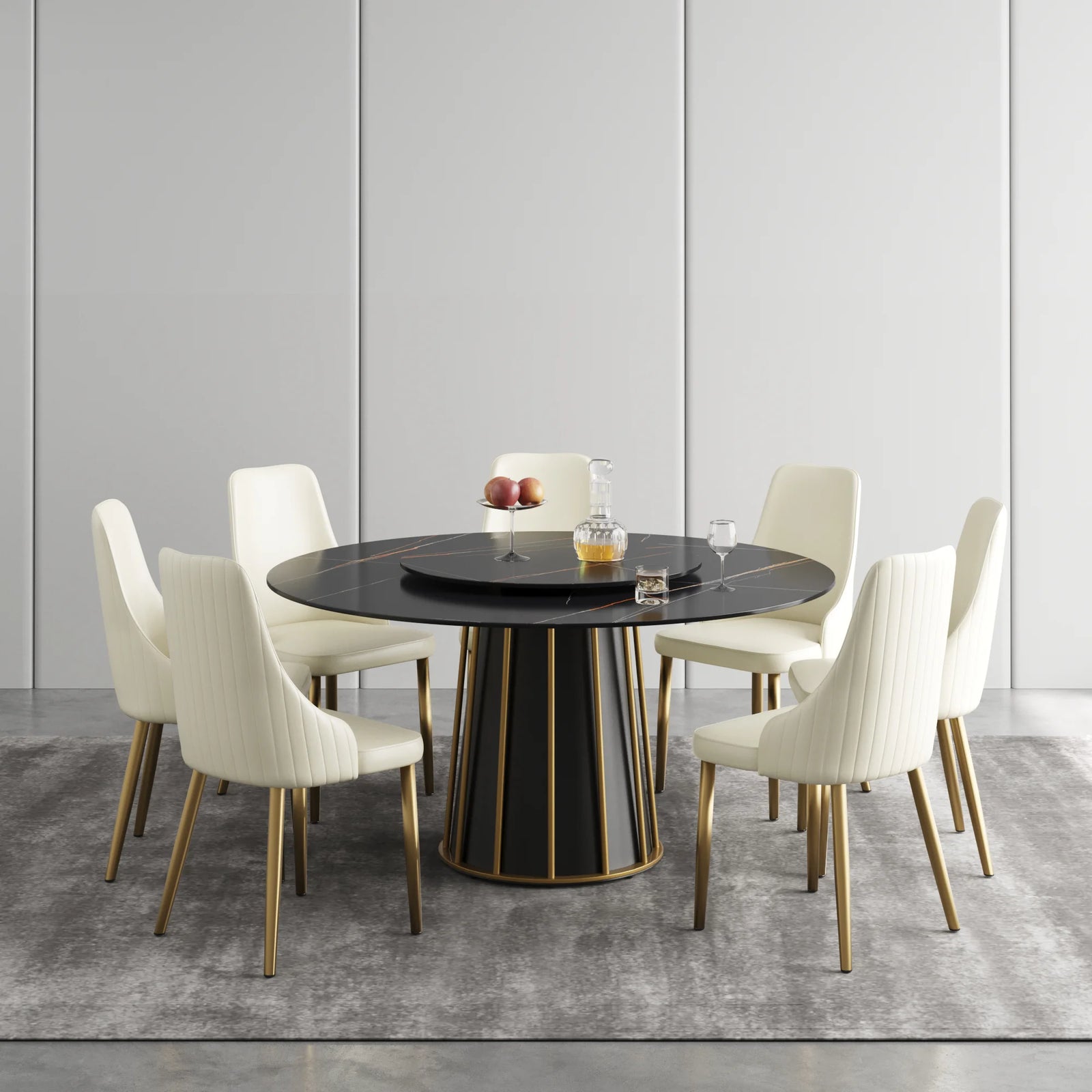 Marbella Sintered Stone Dining Table | 59" Matte Black Round With Lazy Susan Turntable