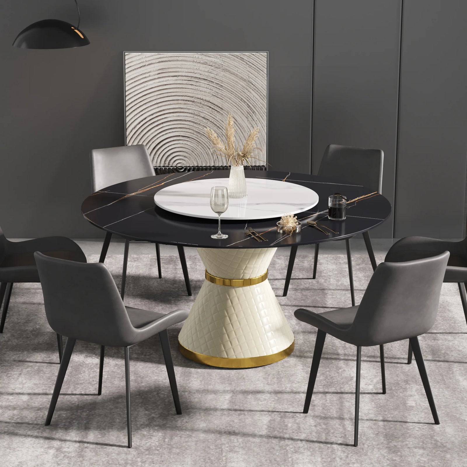 Mesa de comedor Marbella de piedra sinterizada | Redonda de 150 cm (59") en negro mate con plato giratorio Lazy Susan