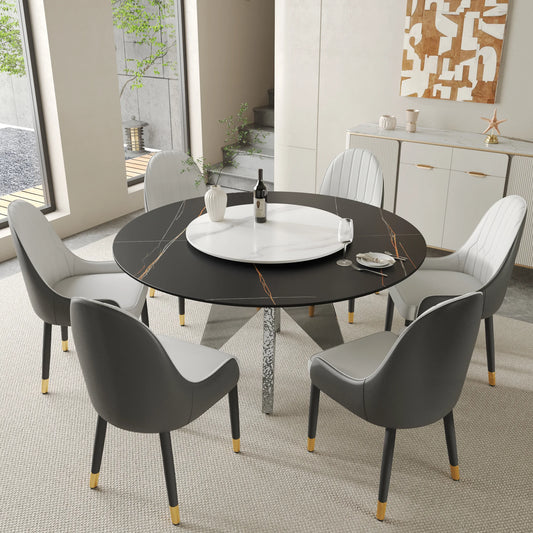 Marbella Sintered Stone Dining Table | 59" Matte Black Round With Lazy Susan Turntable