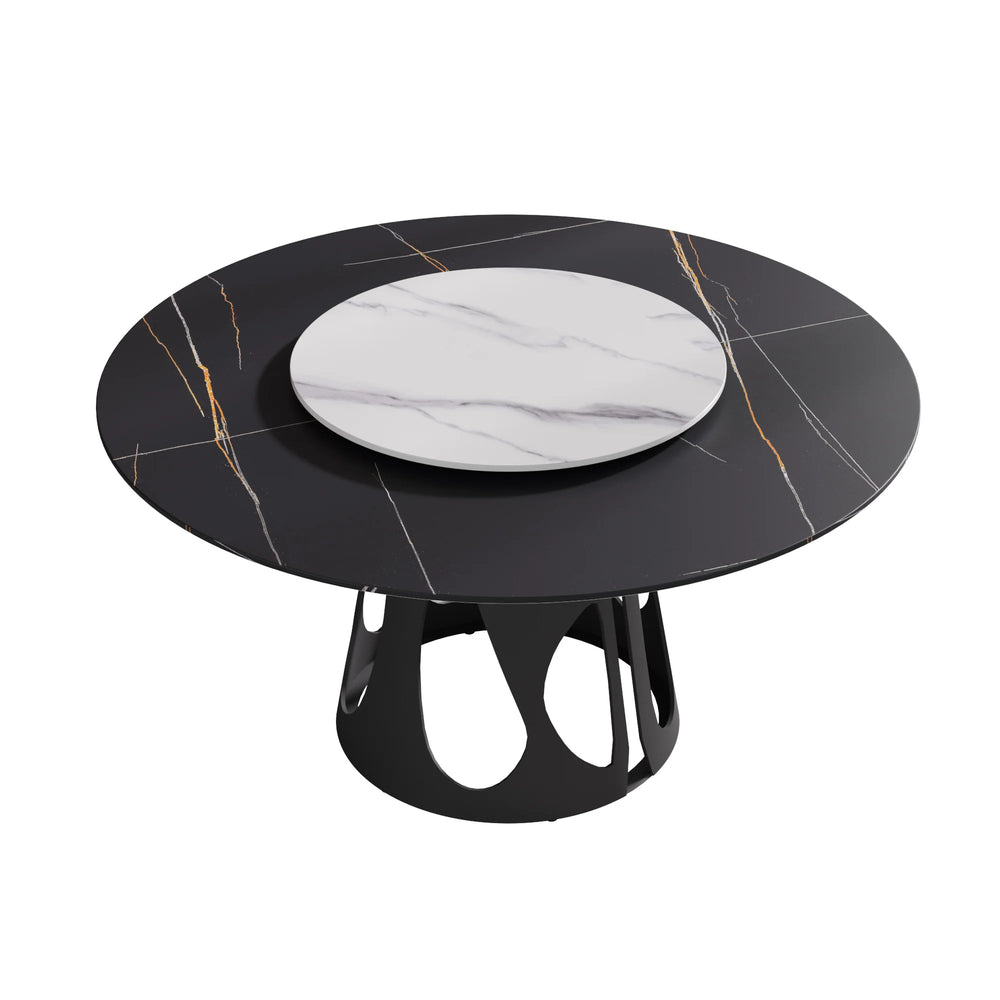 Marbella Sintered Stone Dining Table | 59" Matte Black Round With Lazy Susan Turntable
