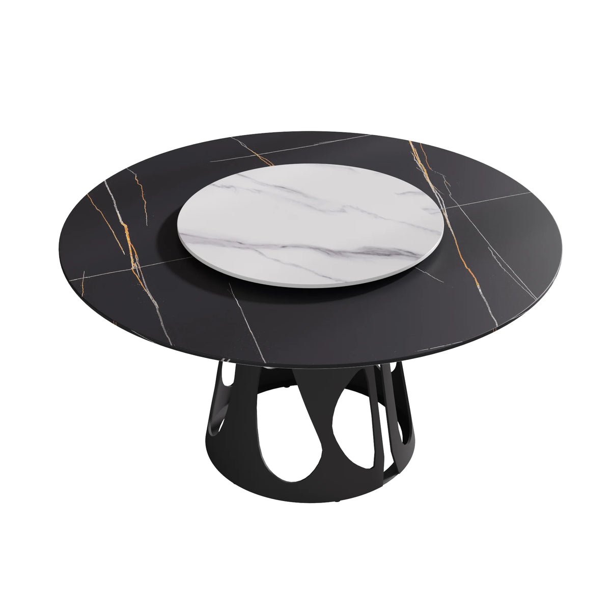 Marbella Sintered Stone Dining Table | 59" Matte Black Round With Lazy Susan Turntable