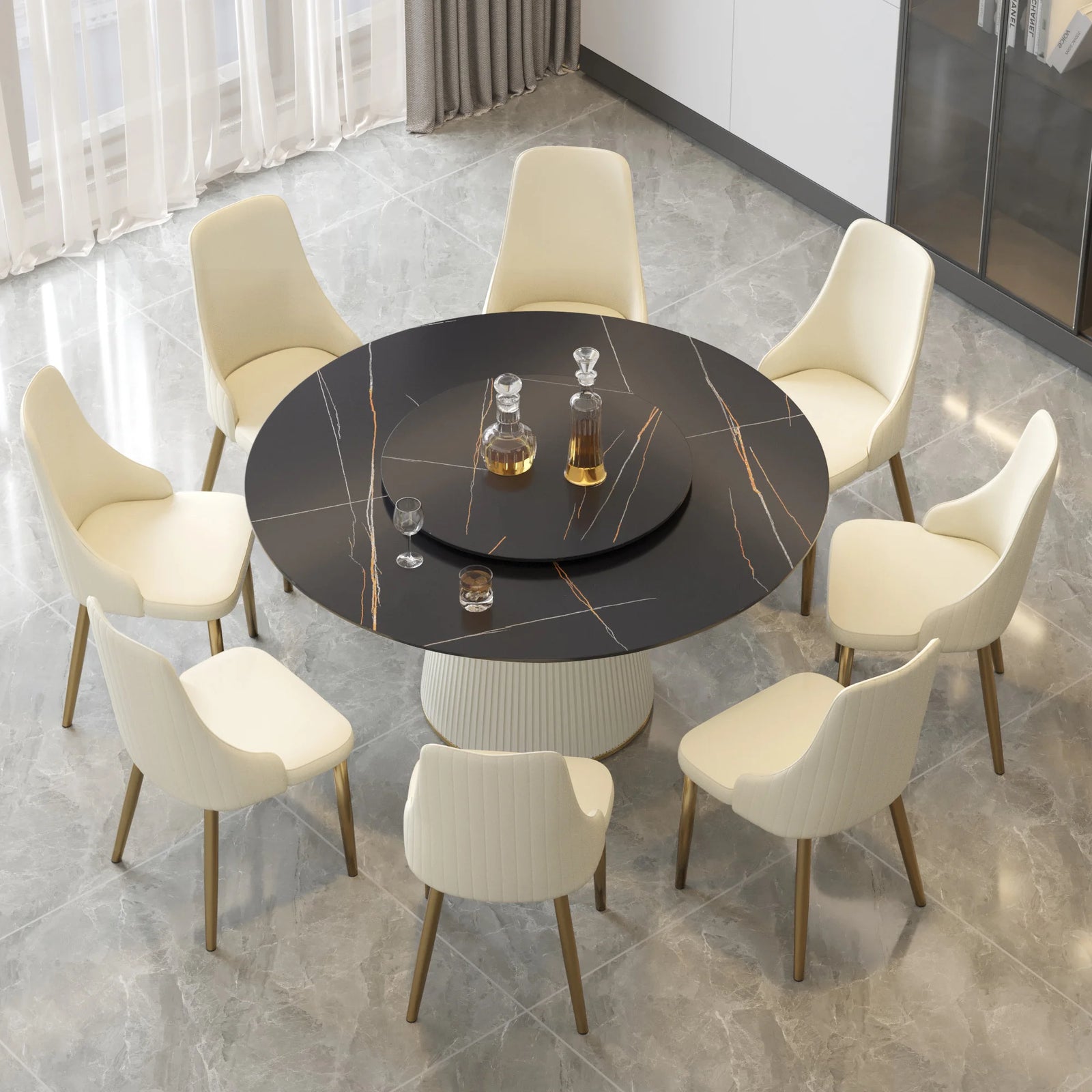 Marbella Sintered Stone Dining Table | 59" Matte Black Round With Lazy Susan Turntable
