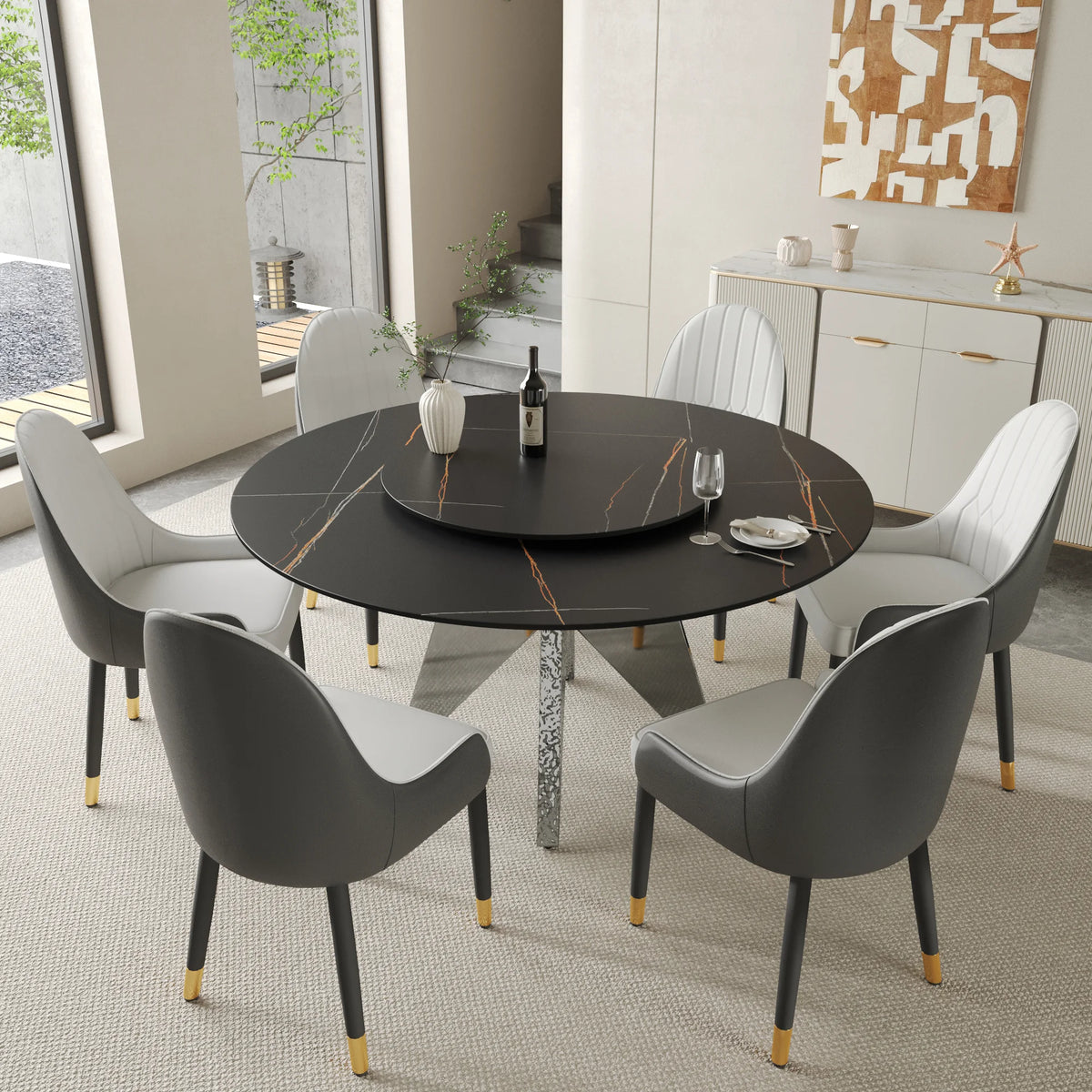 Marbella Sintered Stone Dining Table | 59" Matte Black Round With Lazy Susan Turntable