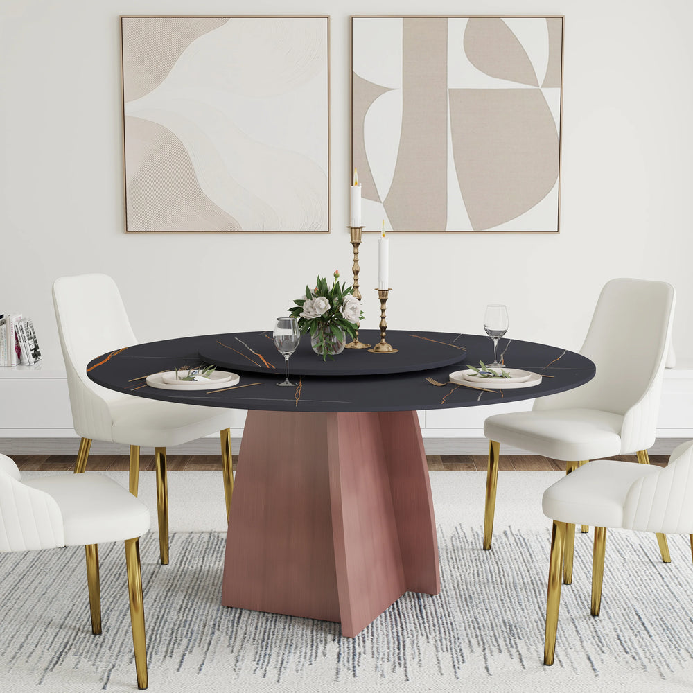 Marbella Sintered Stone Dining Table | 59" Matte Black Round With Lazy Susan Turntable