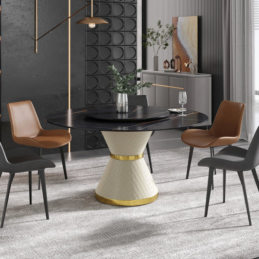 Marbella Sintered Stone Dining Table | 59" Matte Black Round With Lazy Susan Turntable