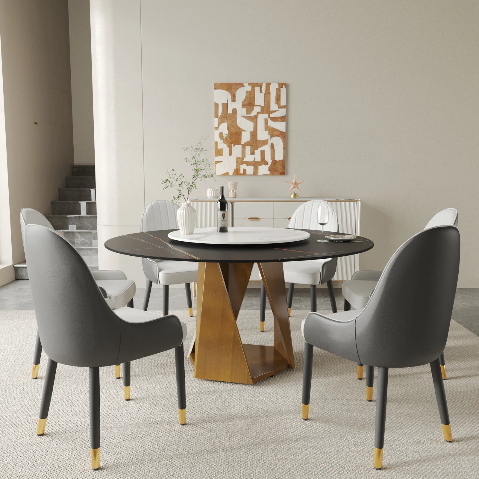 Marbella Sintered Stone Dining Table | 59" Matte Black Round With Lazy Susan Turntable