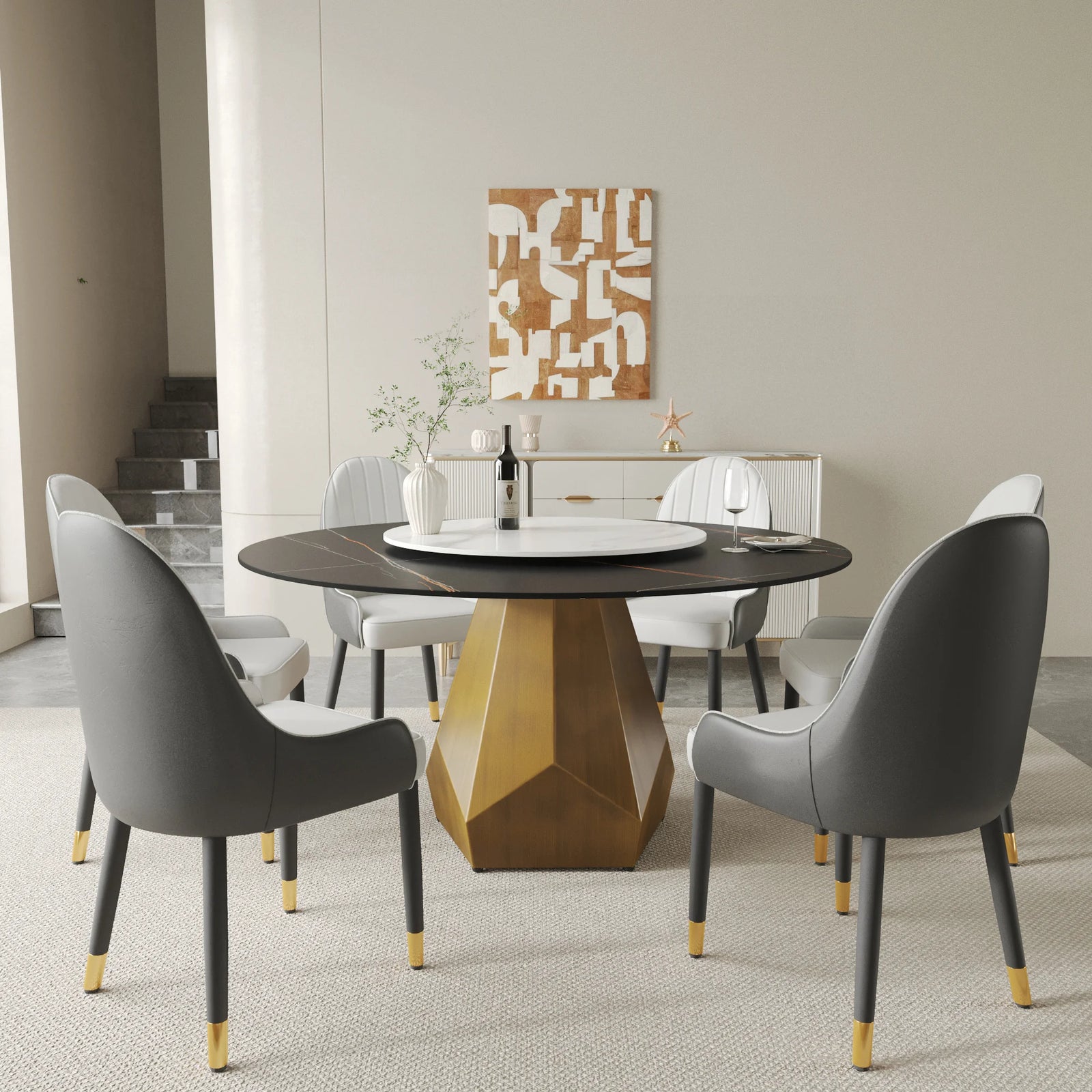 Mesa de comedor Marbella de piedra sinterizada | Redonda de 150 cm (59") en negro mate con plato giratorio Lazy Susan