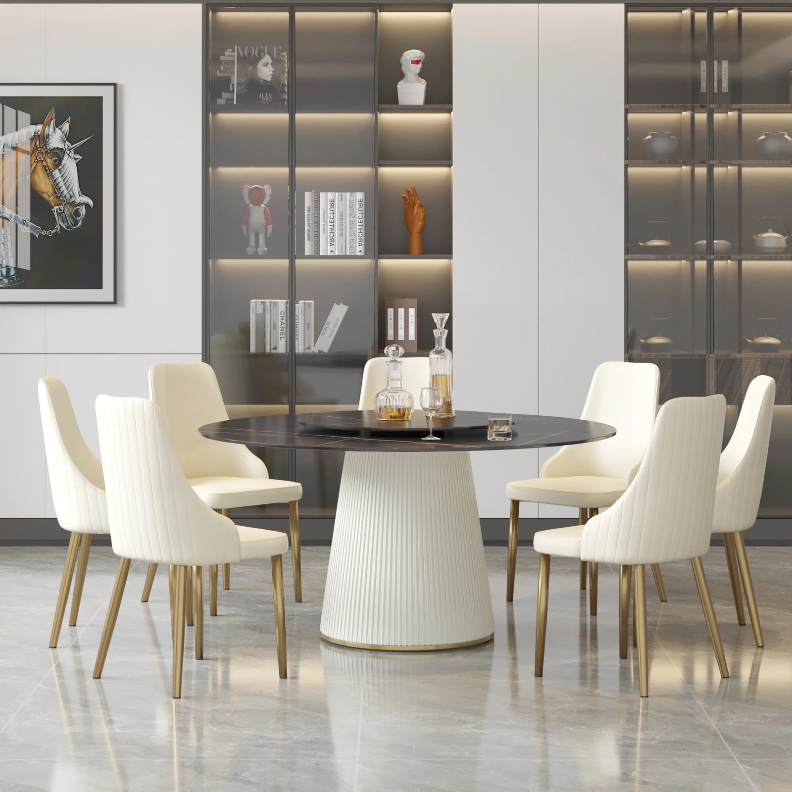 Marbella Sintered Stone Dining Table | 59" Matte Black Round With Lazy Susan Turntable