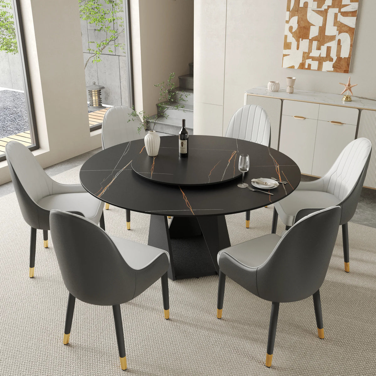 Marbella Sintered Stone Dining Table | 59" Matte Black Round With Lazy Susan Turntable