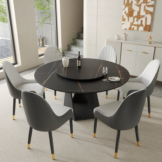 Marbella Sintered Stone Dining Table | 59" Matte Black Round With Lazy Susan Turntable