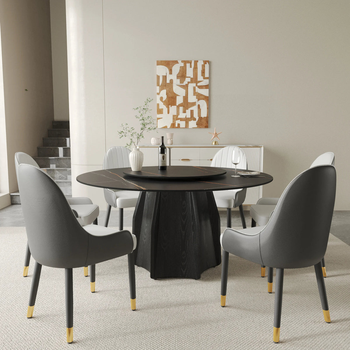Marbella Sintered Stone Dining Table | 59" Matte Black Round With Lazy Susan Turntable