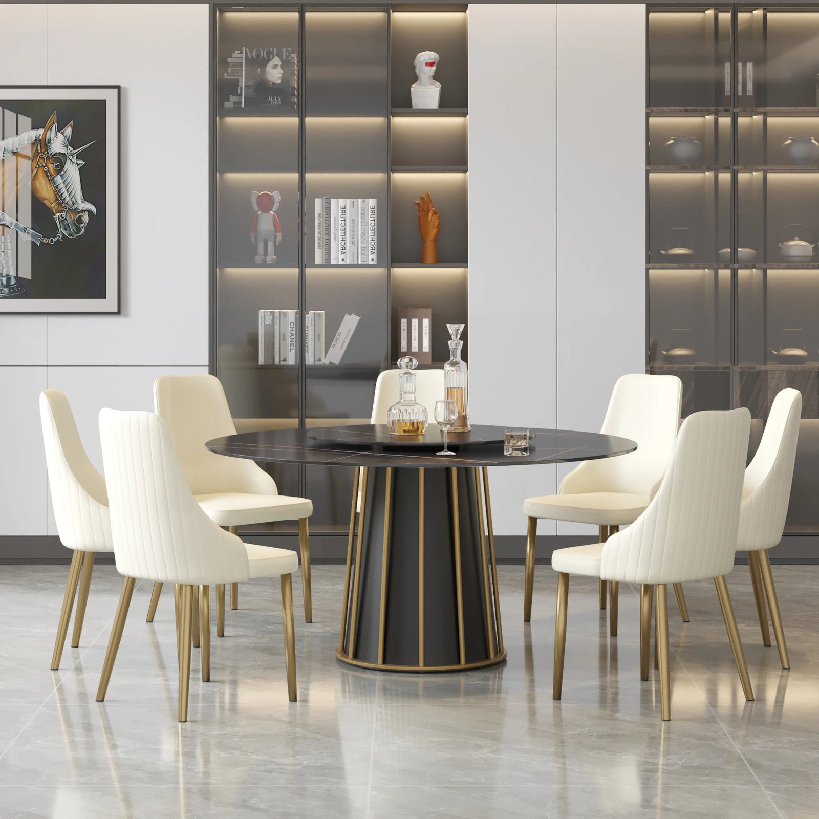 Marbella Sintered Stone Dining Table | 59" Matte Black Round With Lazy Susan Turntable