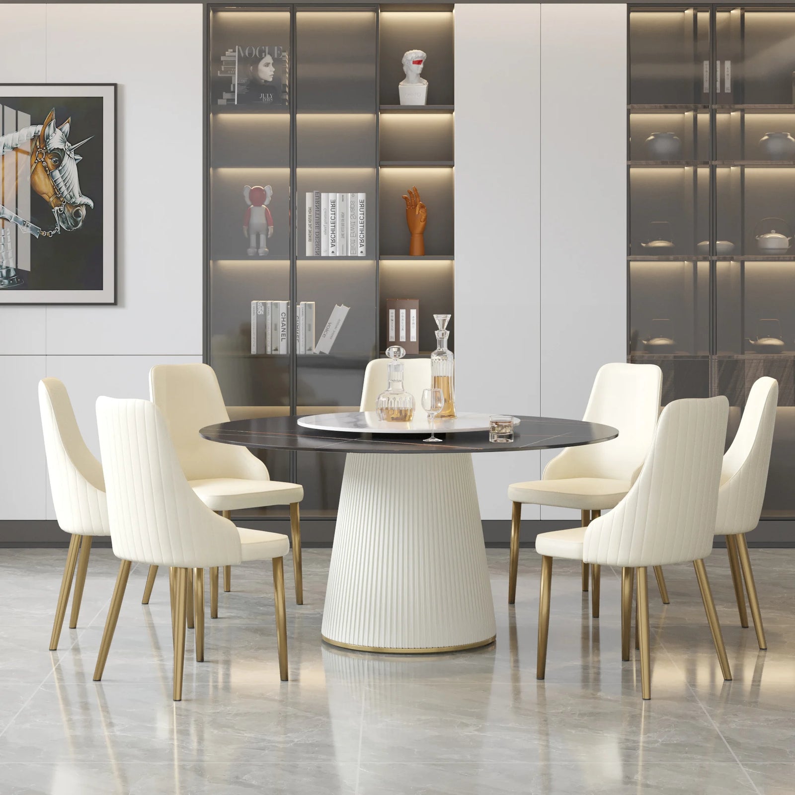 Mesa de comedor Marbella de piedra sinterizada | Redonda de 150 cm (59") en negro mate con plato giratorio Lazy Susan