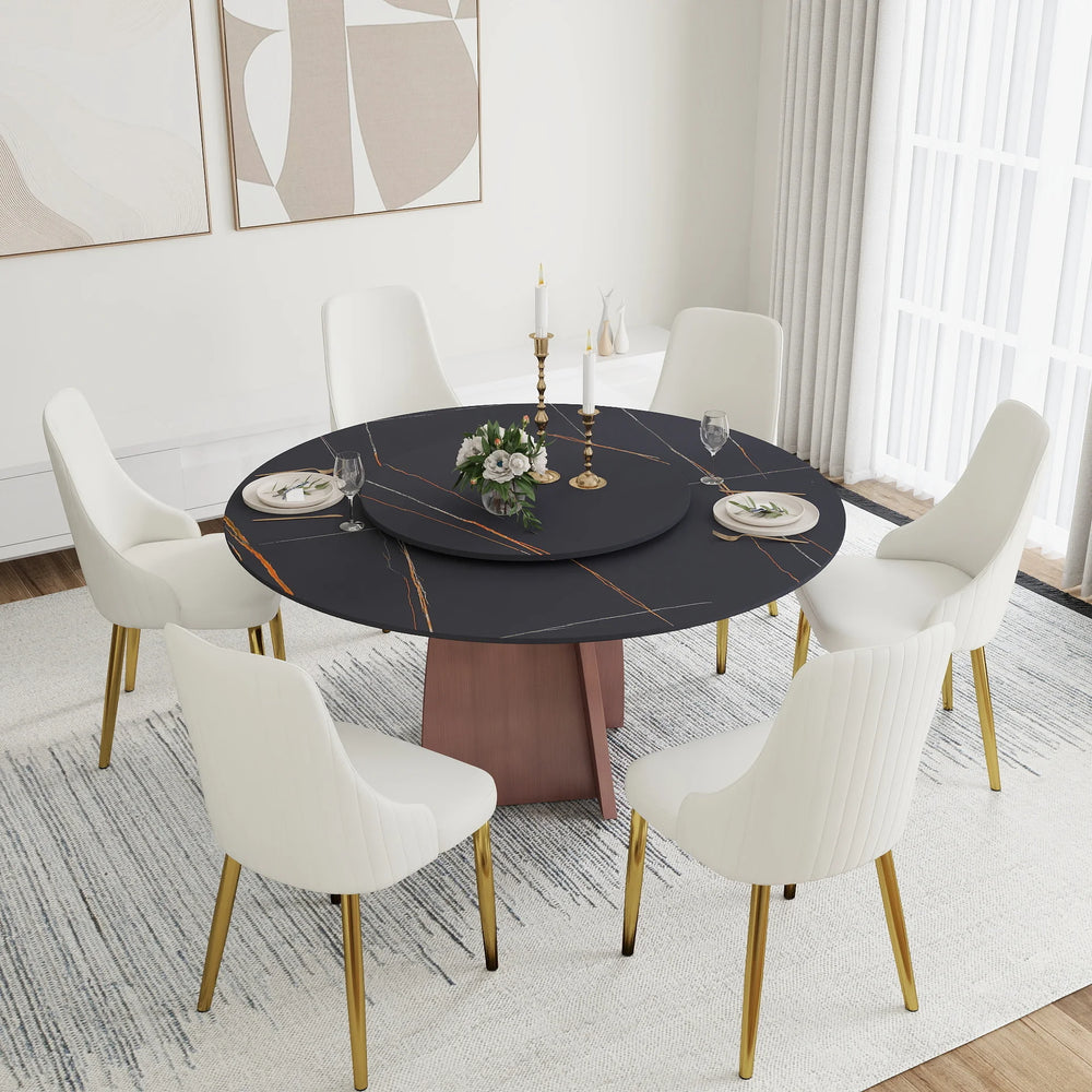 Marbella Sintered Stone Dining Table | 59" Matte Black Round With Lazy Susan Turntable