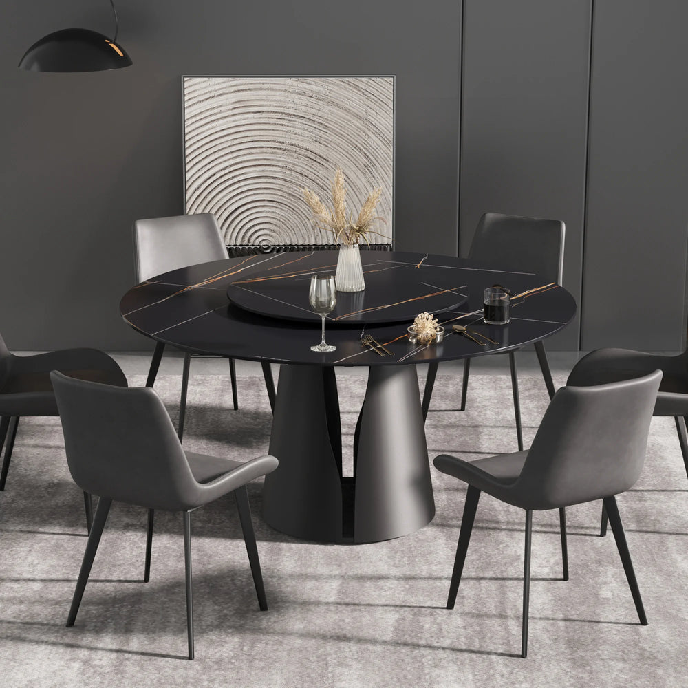Marbella Sintered Stone Dining Table | 59" Matte Black Round With Lazy Susan Turntable