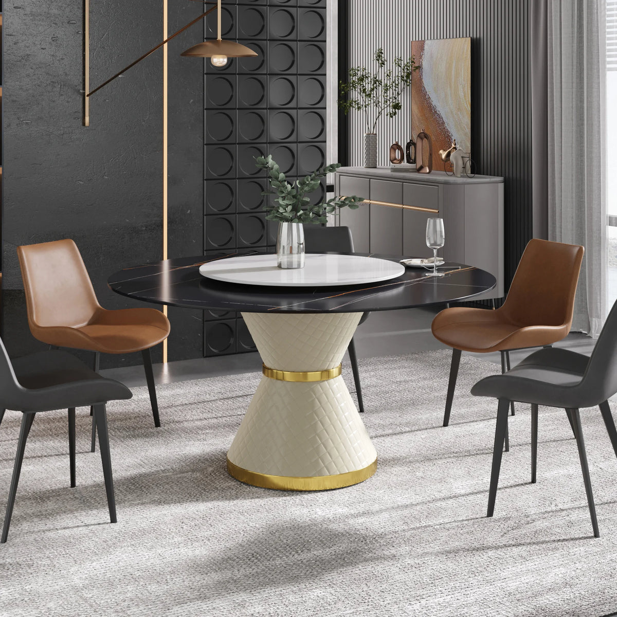 Mesa de comedor Marbella de piedra sinterizada | Redonda de 150 cm (59") en negro mate con plato giratorio Lazy Susan