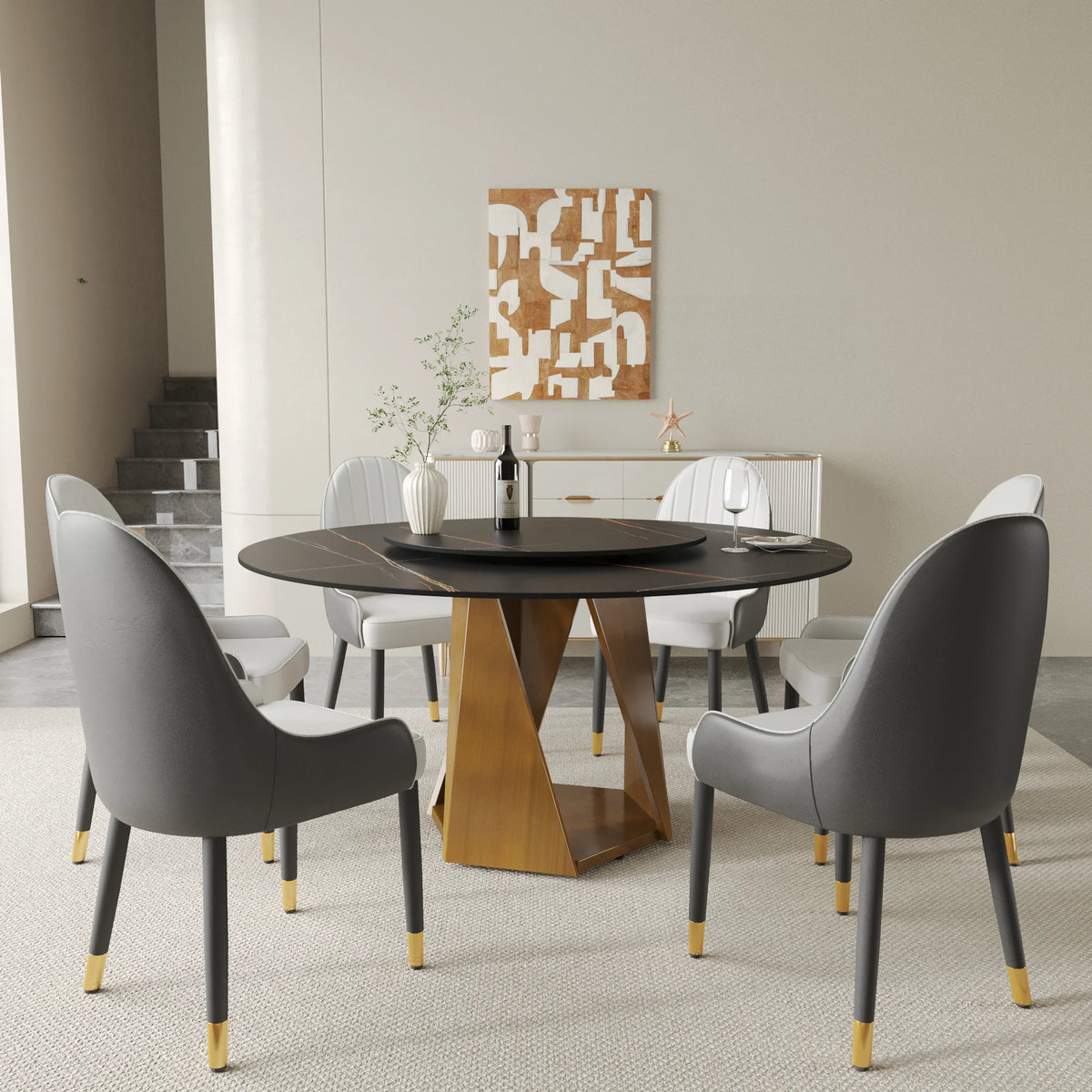 Mesa de comedor Marbella de piedra sinterizada | Redonda de 150 cm (59") en negro mate con plato giratorio Lazy Susan