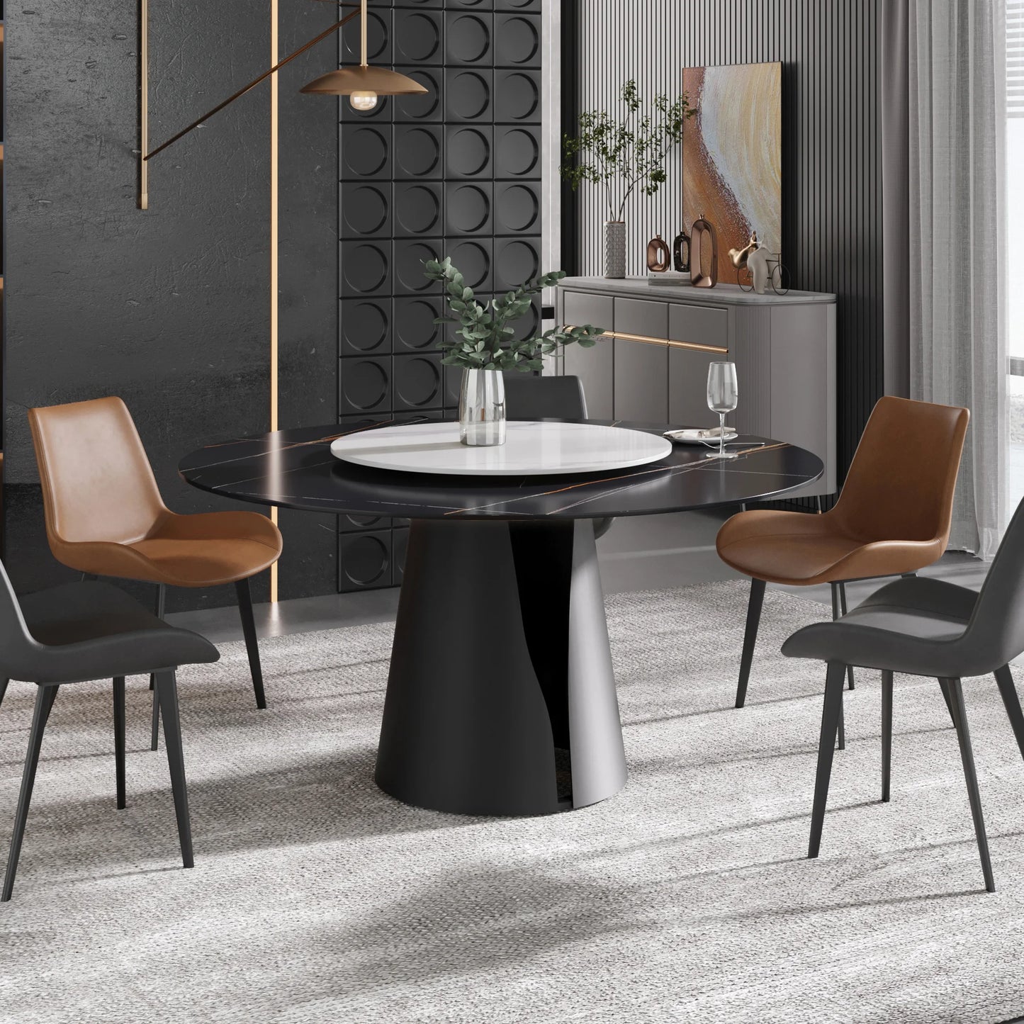 Marbella Sintered Stone Dining Table | 59" Matte Black Round With Lazy Susan Turntable