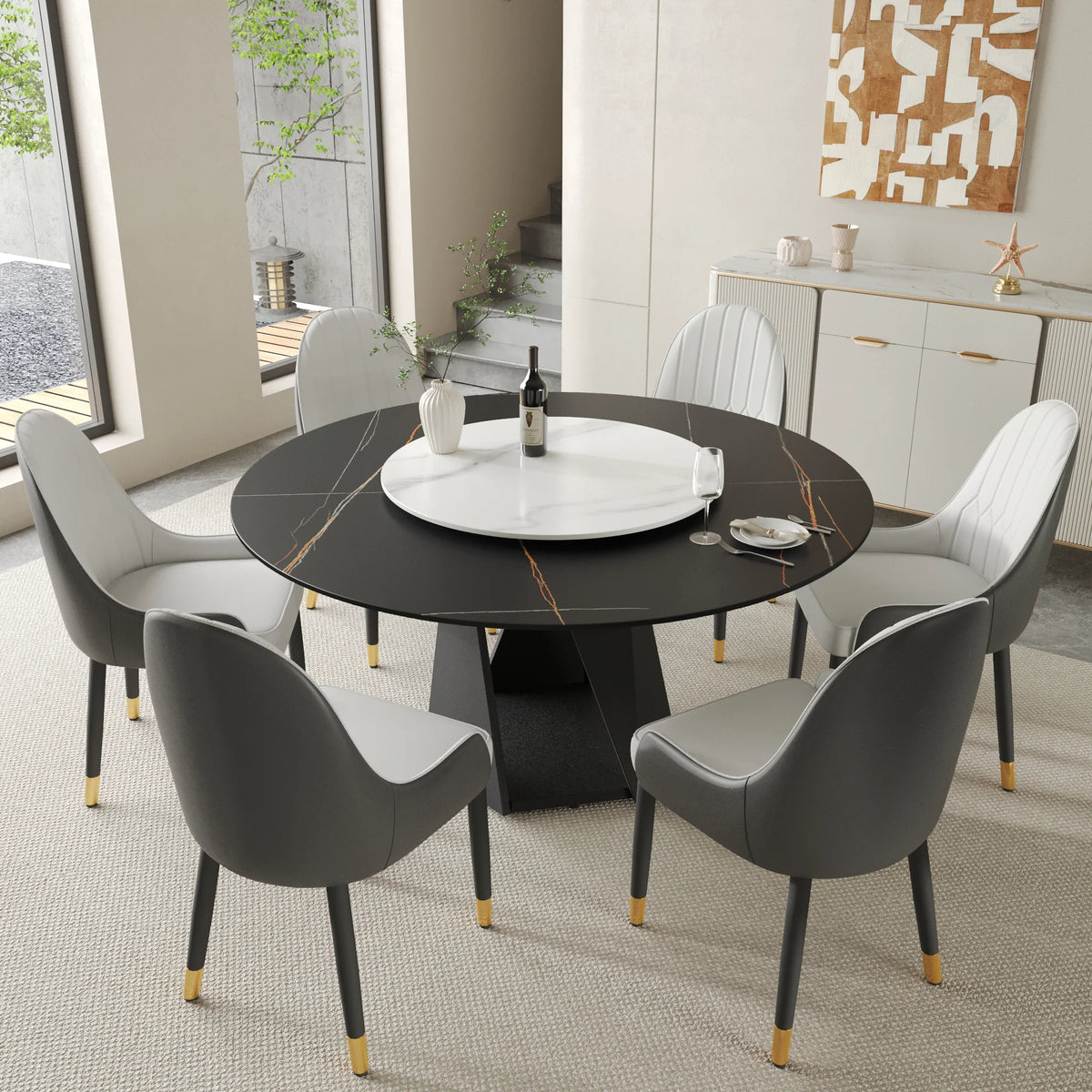 Marbella Sintered Stone Dining Table | 59" Matte Black Round With Lazy Susan Turntable