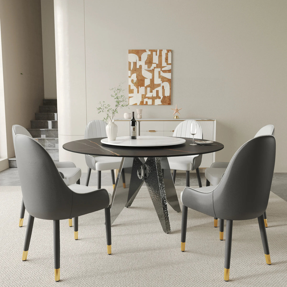 Marbella Sintered Stone Dining Table | 59" Matte Black Round With Lazy Susan Turntable