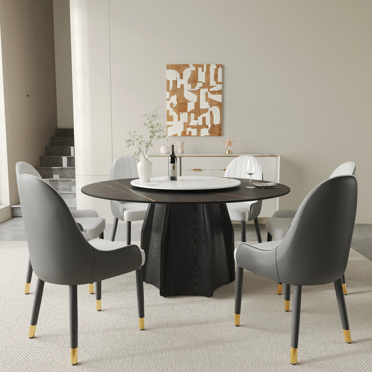 Marbella Sintered Stone Dining Table | 59" Matte Black Round With Lazy Susan Turntable