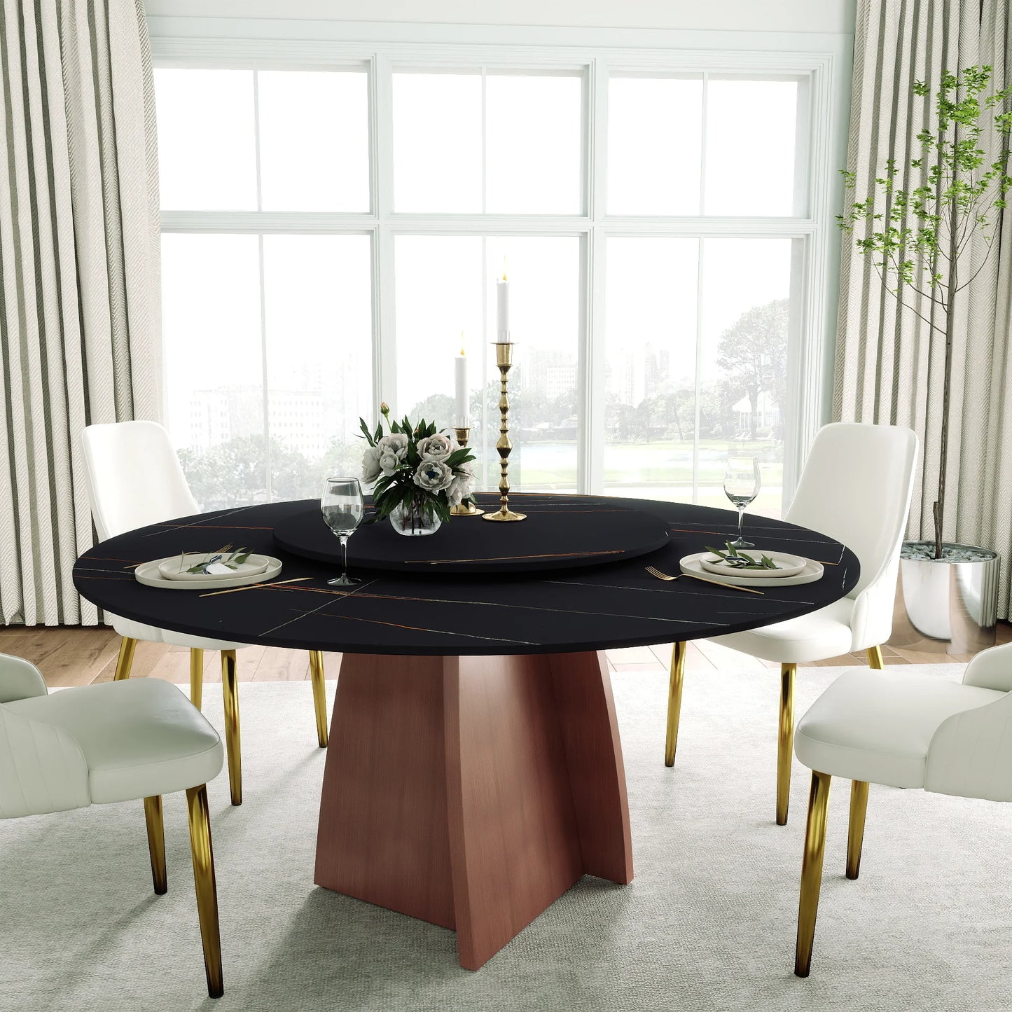 Marbella Sintered Stone Dining Table | 59" Matte Black Round With Lazy Susan Turntable