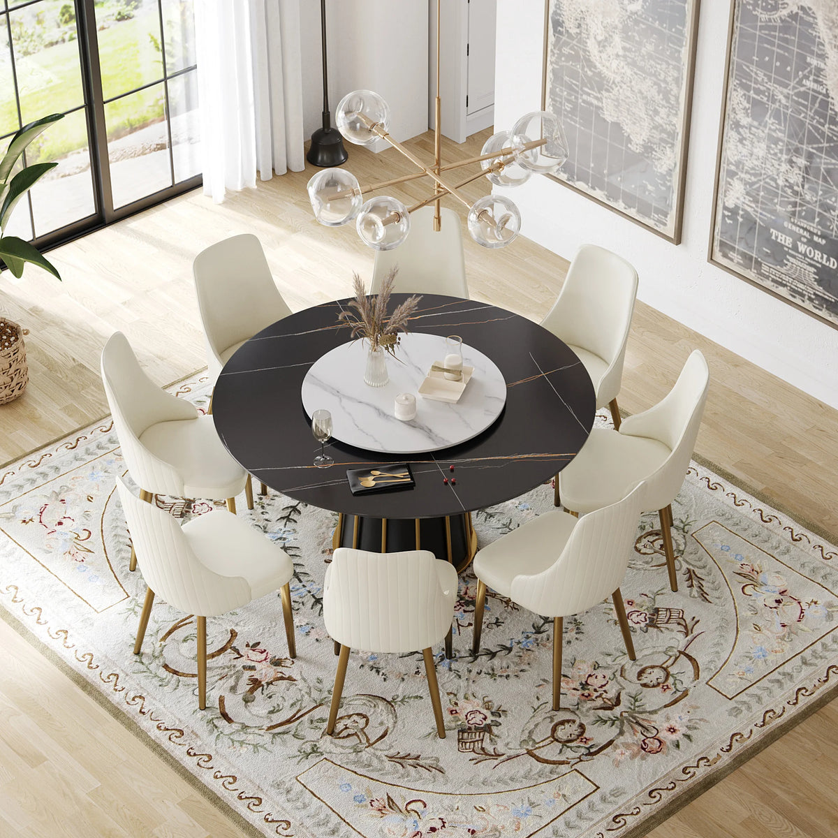 Marbella Sintered Stone Dining Table | 59" Matte Black Round With Lazy Susan Turntable