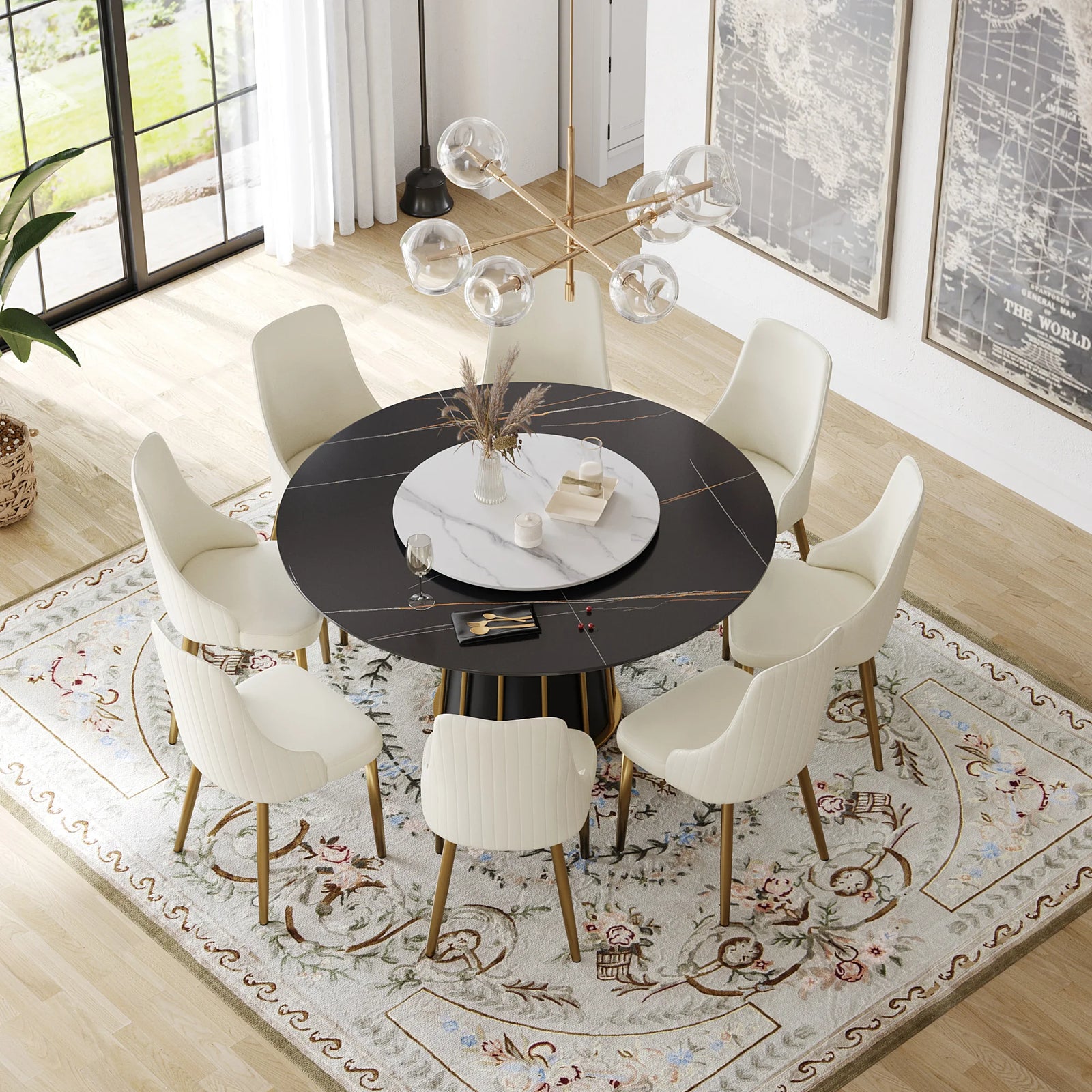Mesa de comedor Marbella de piedra sinterizada | Redonda de 150 cm (59") en negro mate con plato giratorio Lazy Susan
