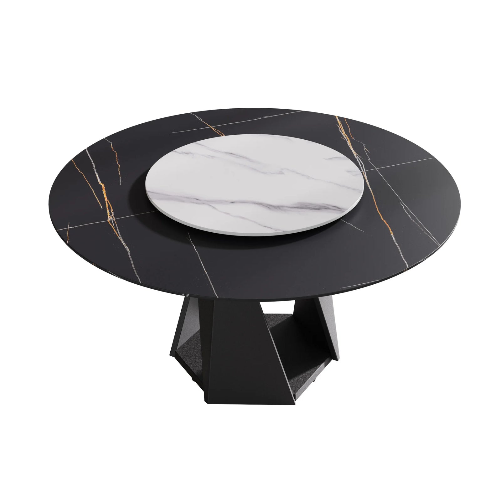 Mesa de comedor Marbella de piedra sinterizada | Redonda de 150 cm (59") en negro mate con plato giratorio Lazy Susan