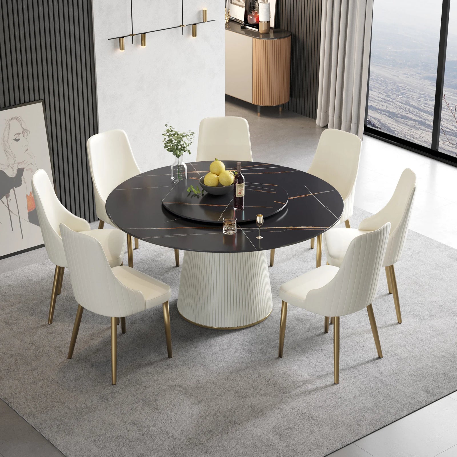 Marbella Sintered Stone Dining Table | 59" Matte Black Round With Lazy Susan Turntable