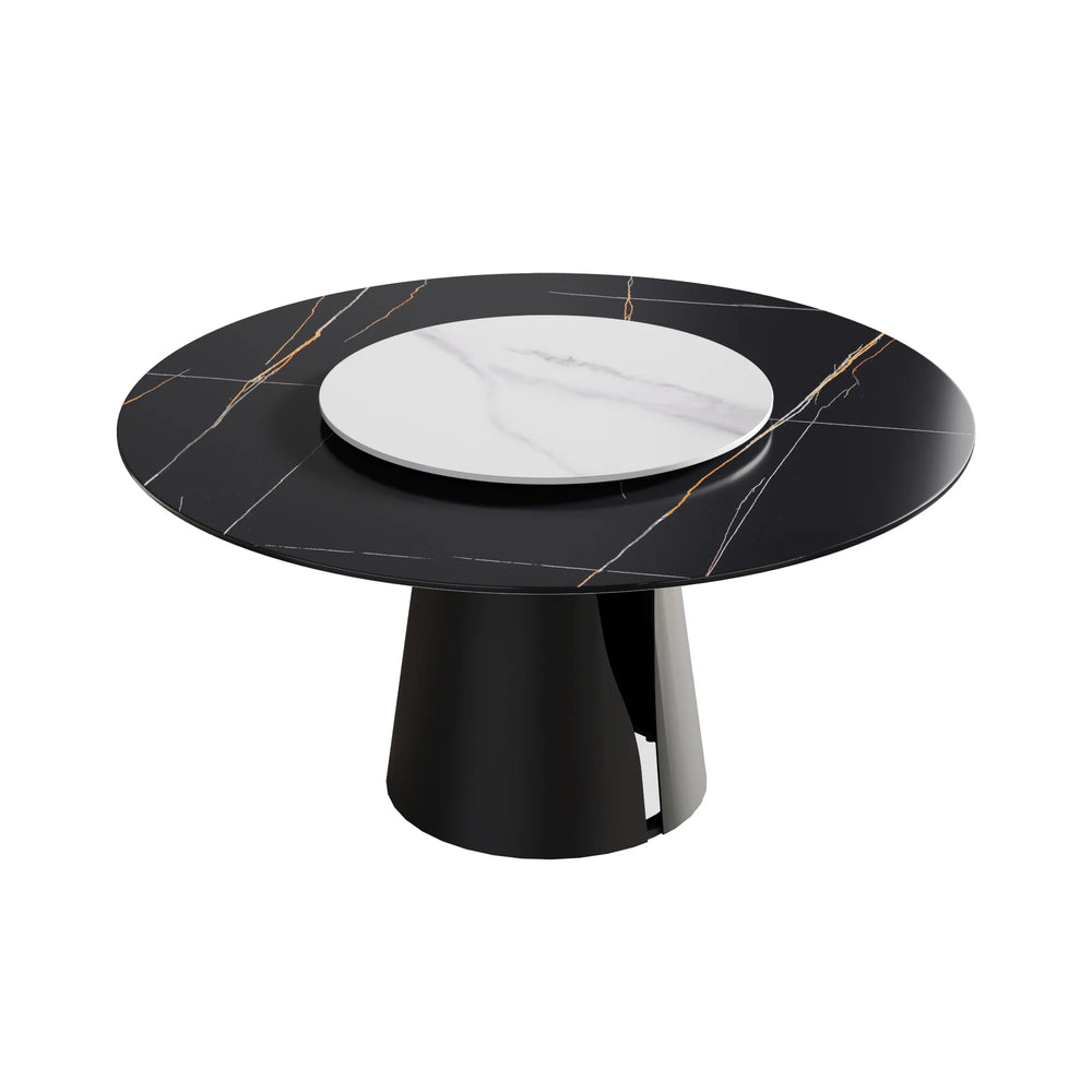 Marbella Sintered Stone Dining Table | 59" Matte Black Round With Lazy Susan Turntable