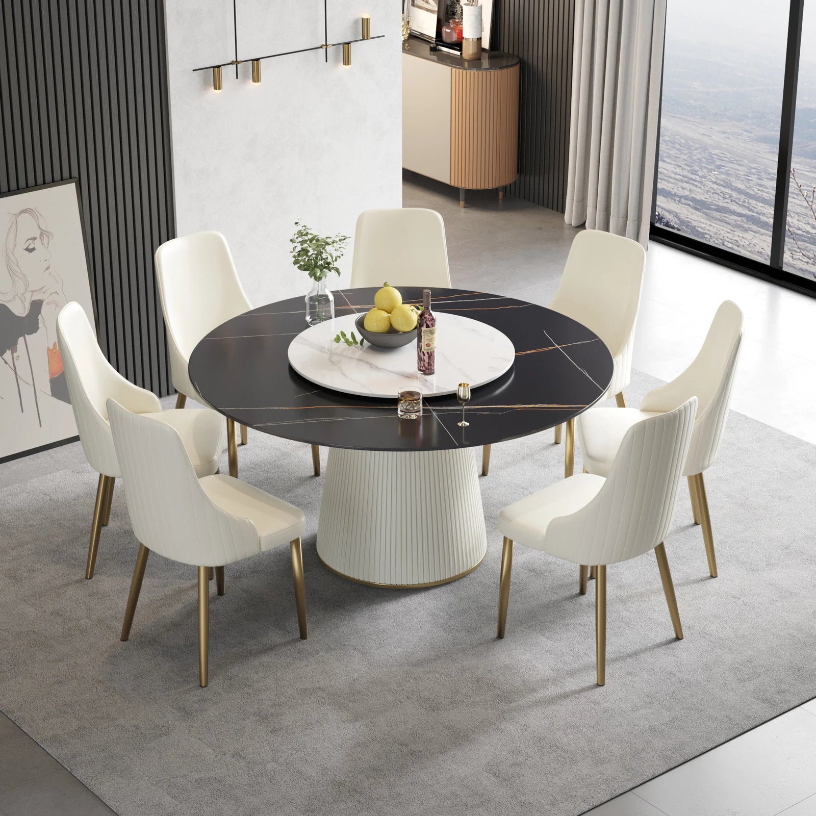 Mesa de comedor Marbella de piedra sinterizada | Redonda de 150 cm (59") en negro mate con plato giratorio Lazy Susan