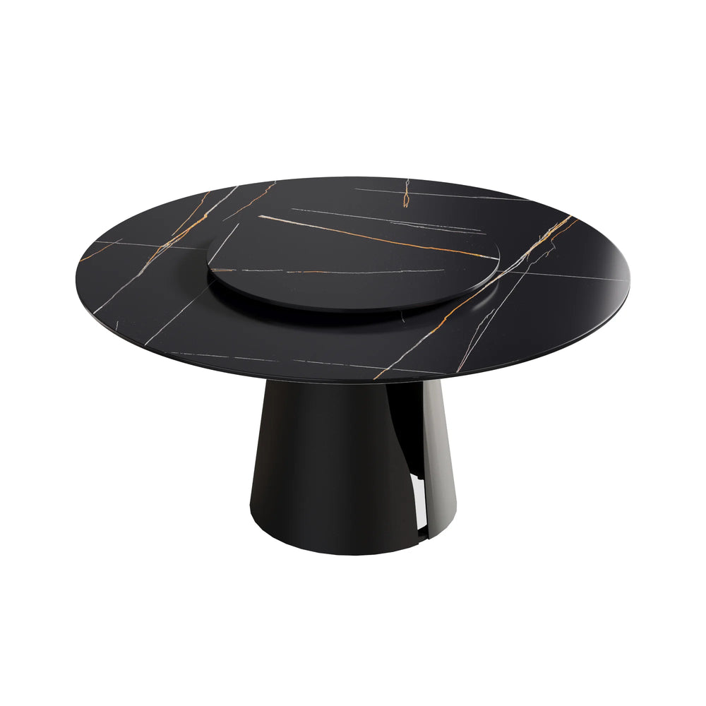 Marbella Sintered Stone Dining Table | 59" Matte Black Round With Lazy Susan Turntable