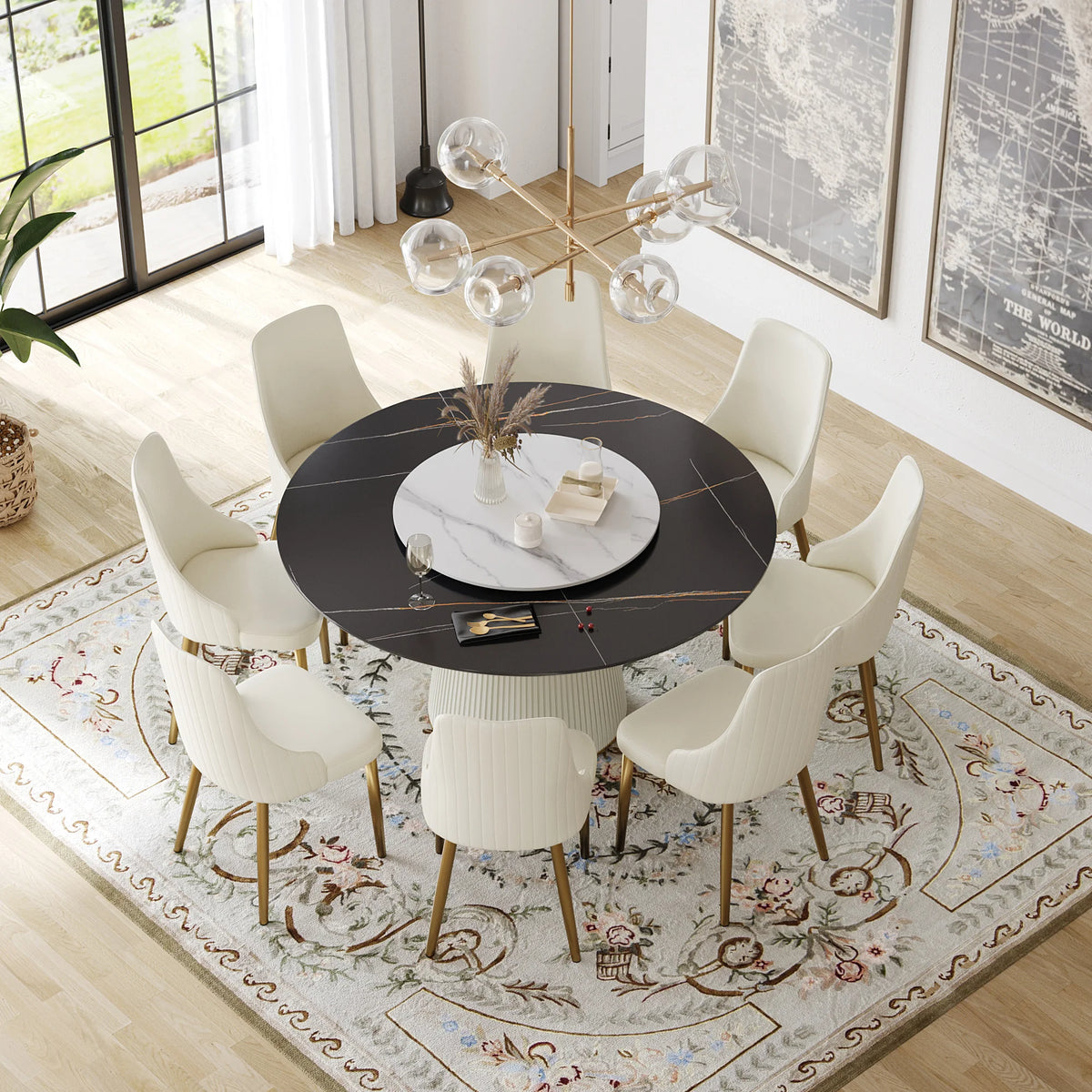 Marbella Sintered Stone Dining Table | 59" Matte Black Round With Lazy Susan Turntable