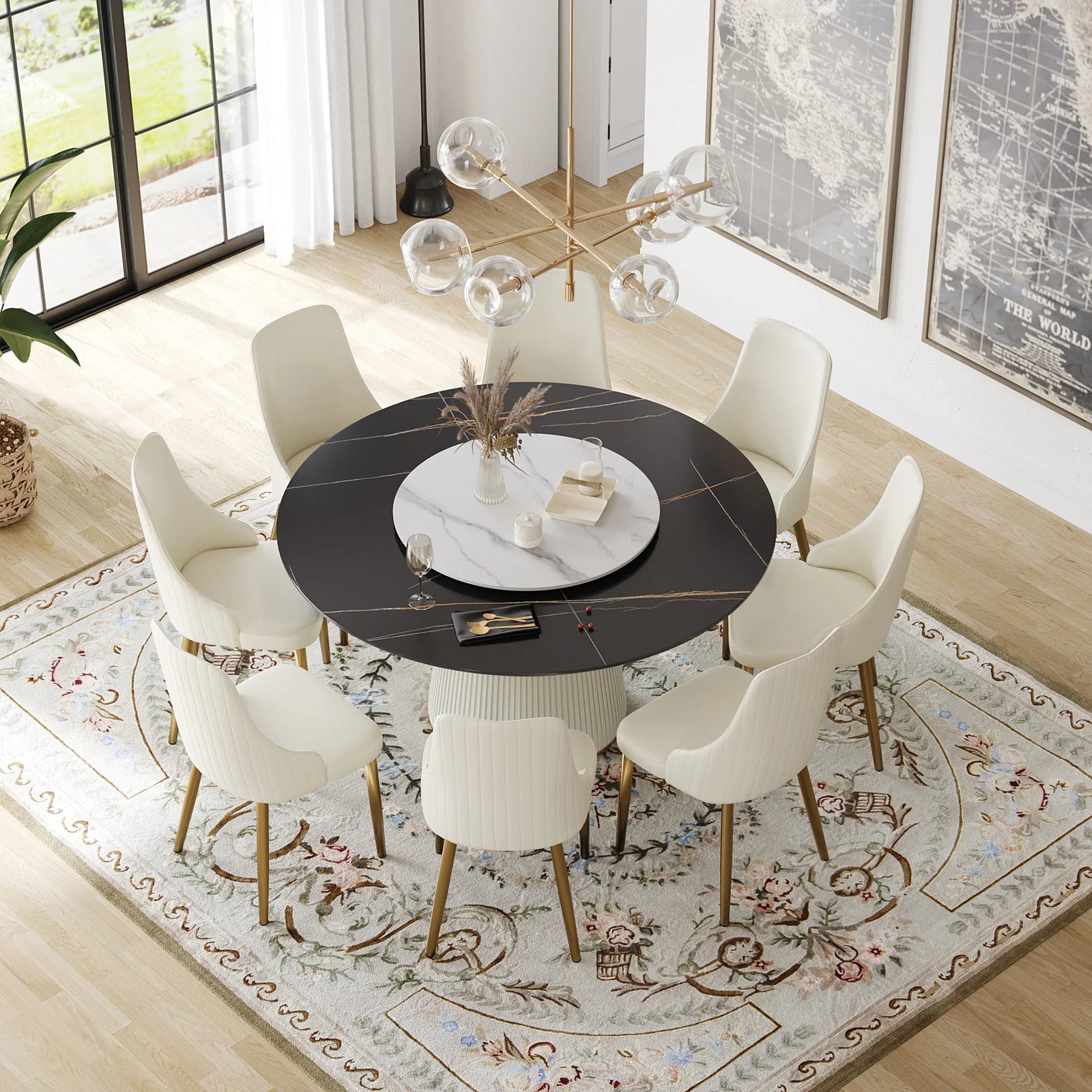 Mesa de comedor Marbella de piedra sinterizada | Redonda de 150 cm (59") en negro mate con plato giratorio Lazy Susan