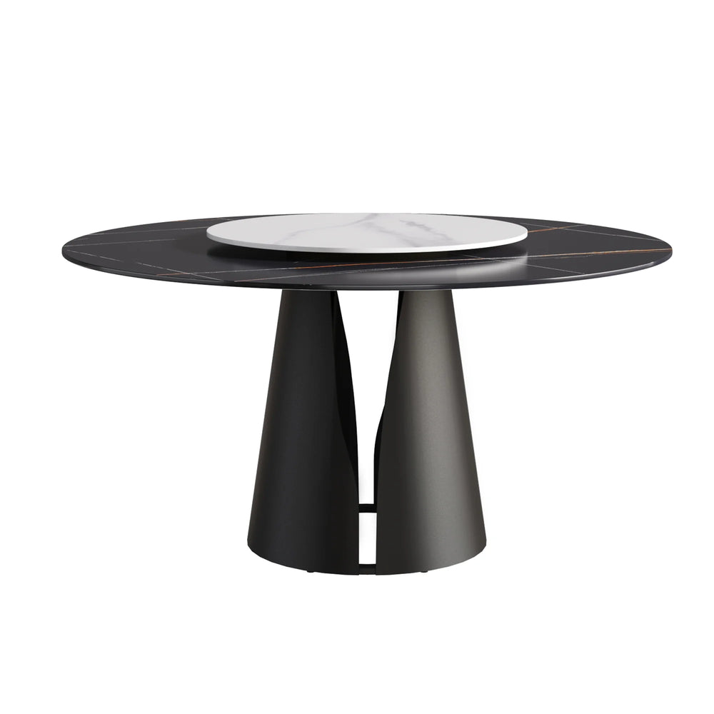 Marbella Sintered Stone Dining Table | 59" Matte Black Round With Lazy Susan Turntable