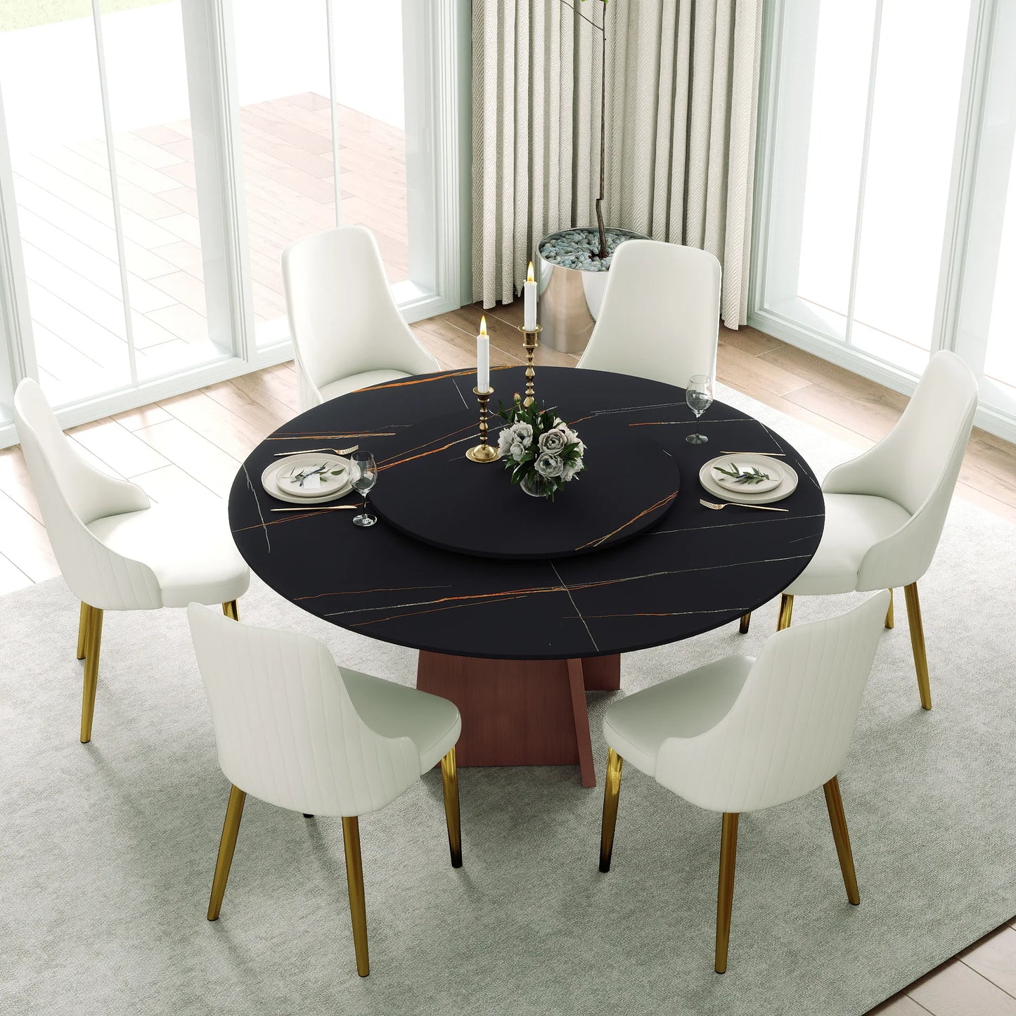 Marbella Sintered Stone Dining Table | 59" Matte Black Round With Lazy Susan Turntable