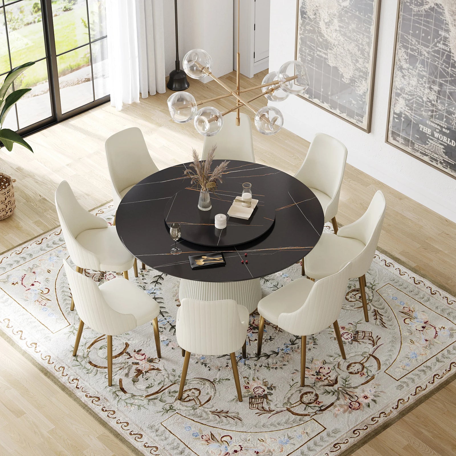 Marbella Sintered Stone Dining Table | 59" Matte Black Round With Lazy Susan Turntable