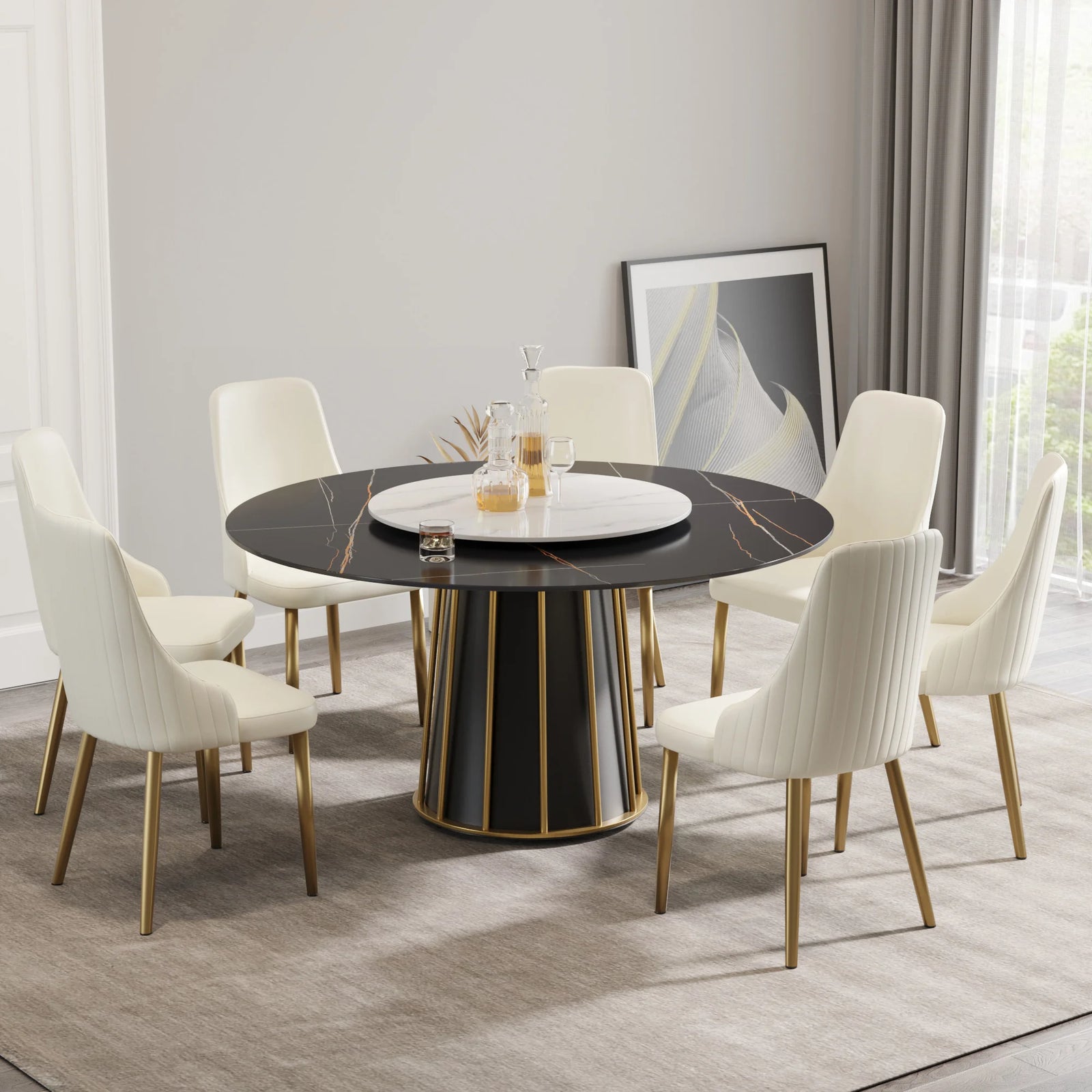 Mesa de comedor Marbella de piedra sinterizada | Redonda de 150 cm (59") en negro mate con plato giratorio Lazy Susan