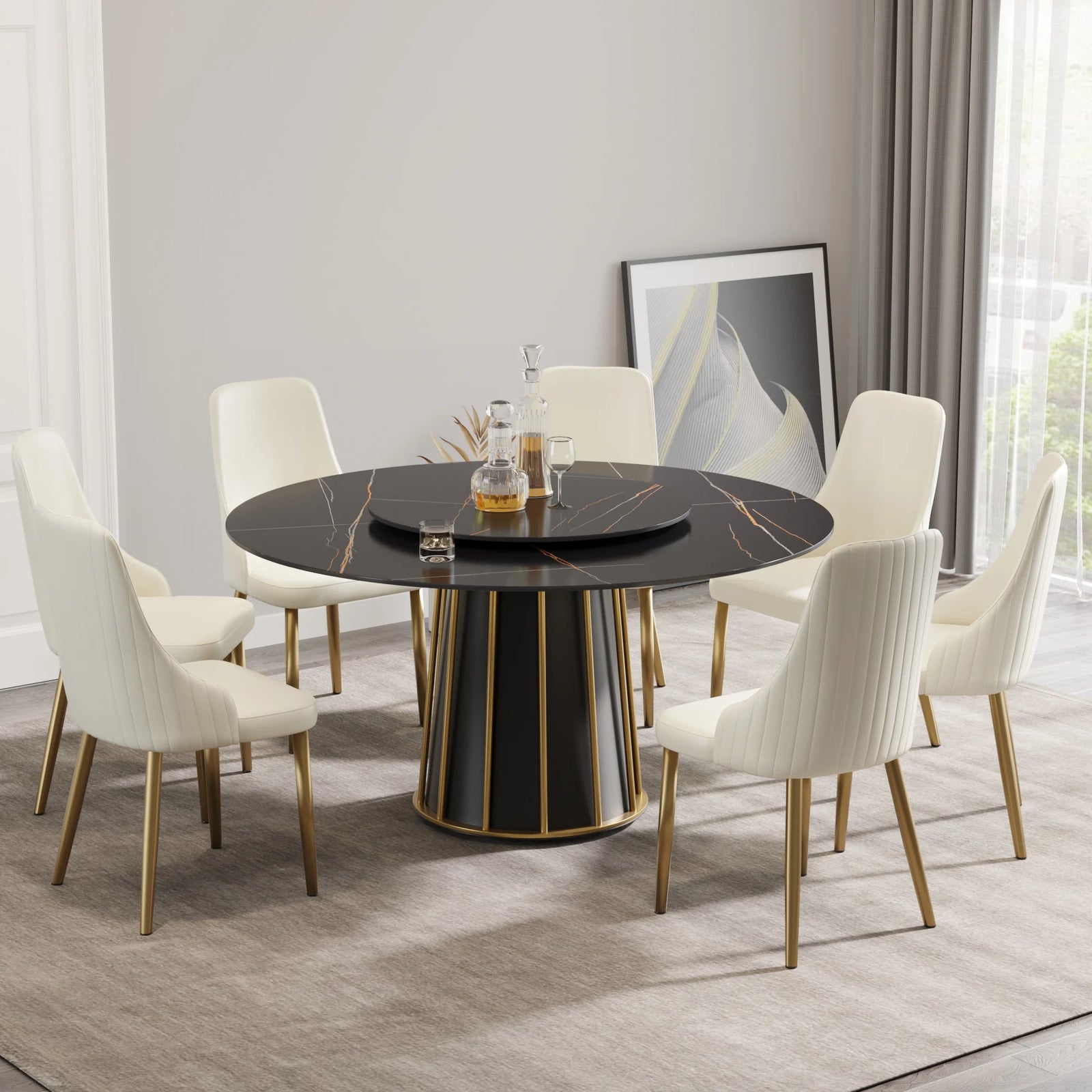 Marbella Sintered Stone Dining Table | 59" Matte Black Round With Lazy Susan Turntable