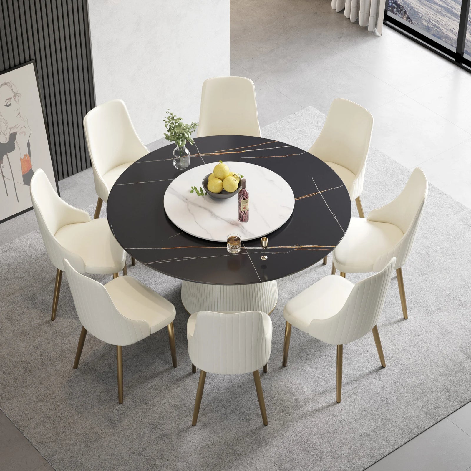 Mesa de comedor Marbella de piedra sinterizada | Redonda de 150 cm (59") en negro mate con plato giratorio Lazy Susan