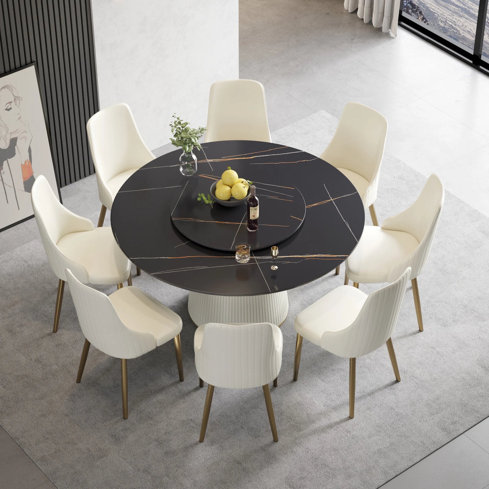 Marbella Sintered Stone Dining Table | 59" Matte Black Round With Lazy Susan Turntable