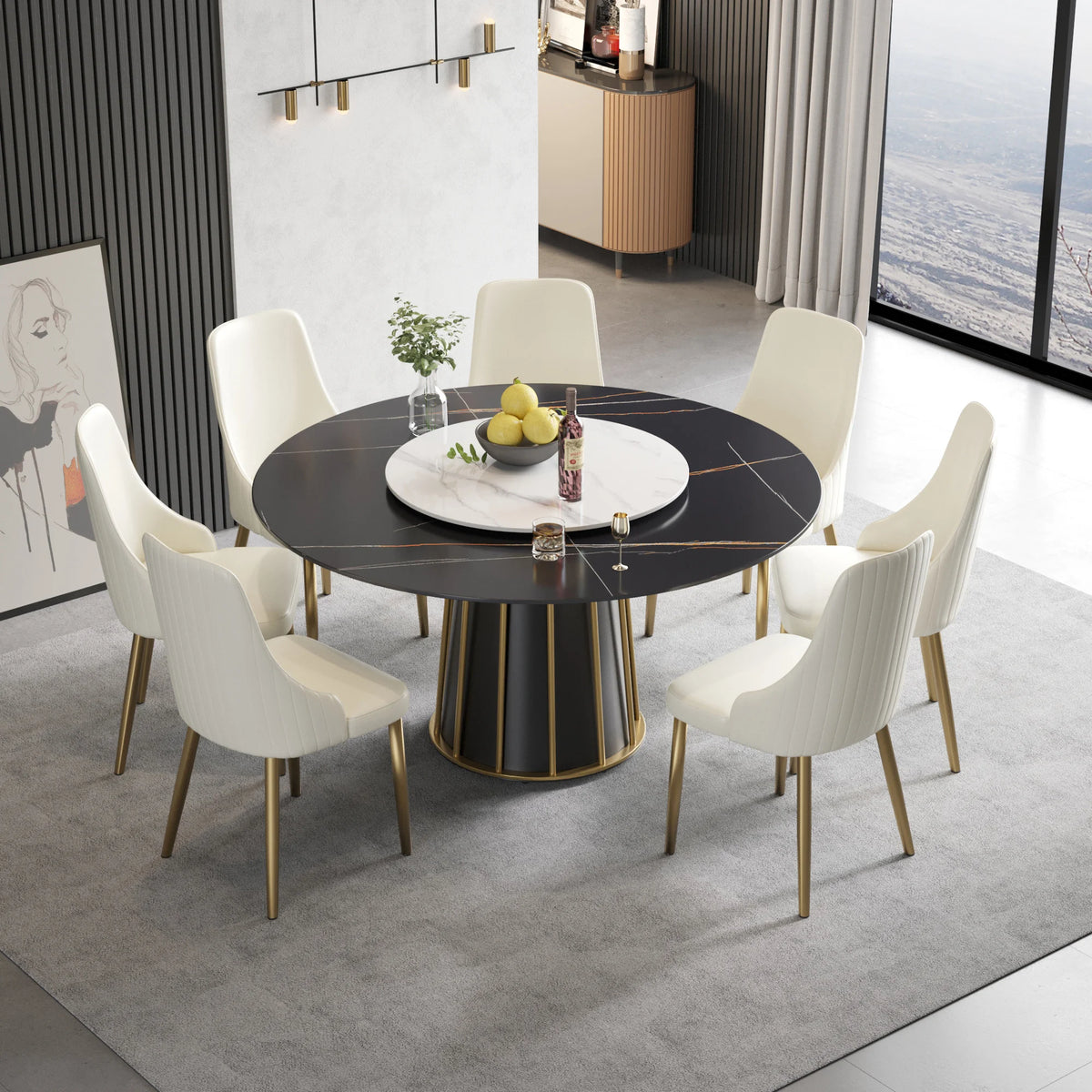 Marbella Sintered Stone Dining Table | 59" Matte Black Round With Lazy Susan Turntable