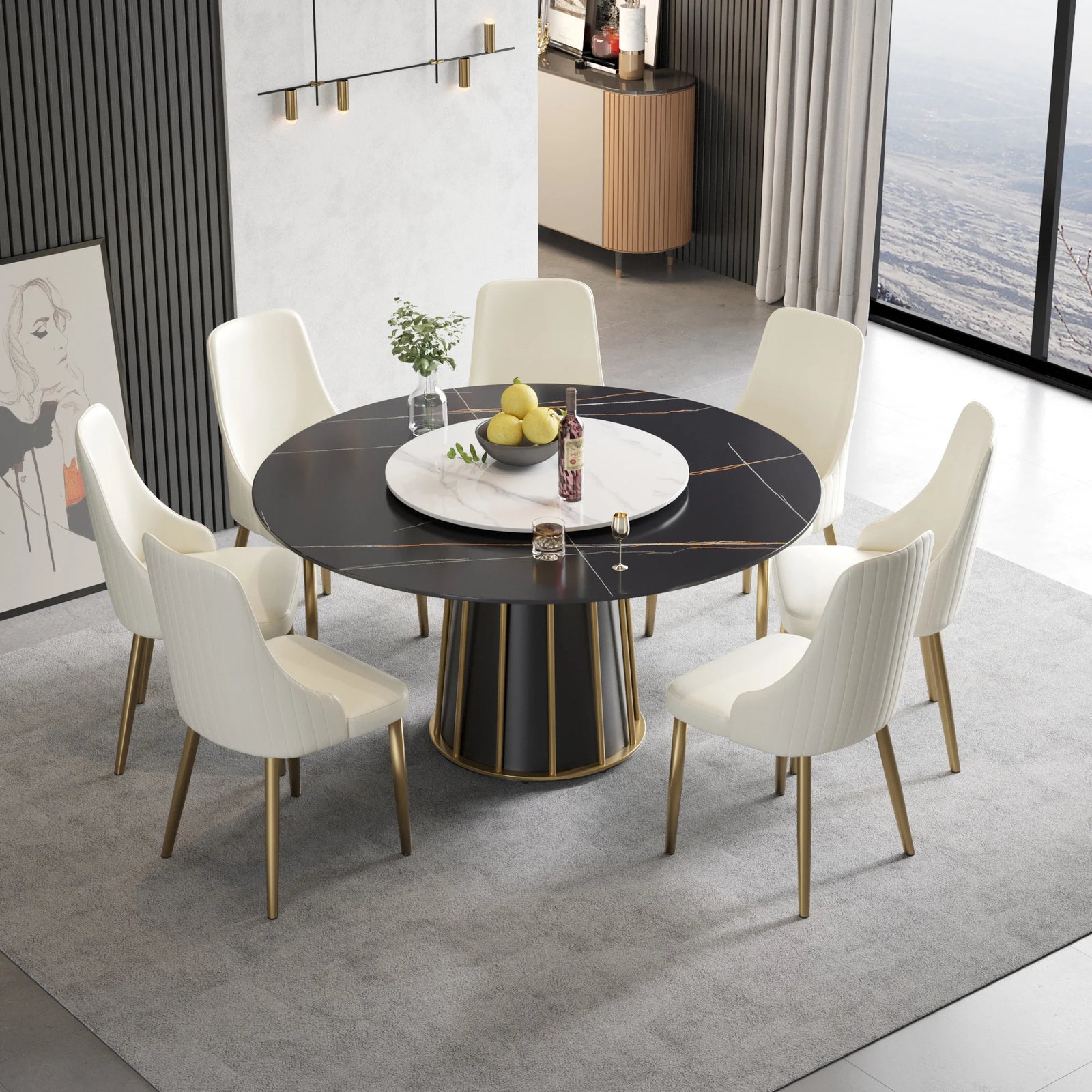 Mesa de comedor Marbella de piedra sinterizada | Redonda de 150 cm (59") en negro mate con plato giratorio Lazy Susan