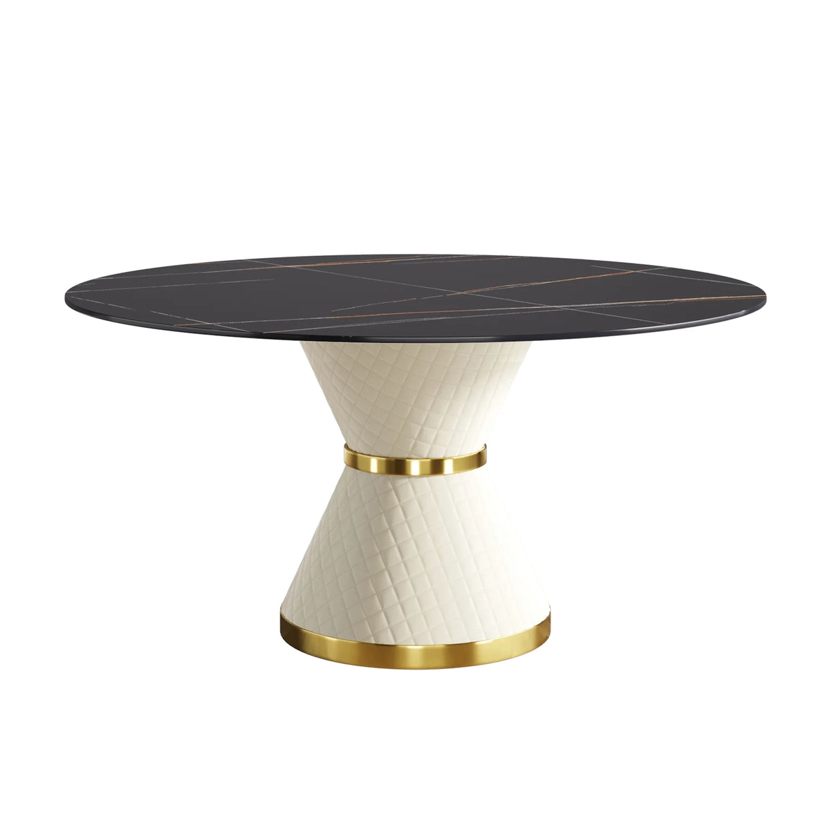 Mesa de comedor Marbella de piedra sinterizada | Redonda de 150 cm (59 pulgadas) en negro mate con base revestida de cuero