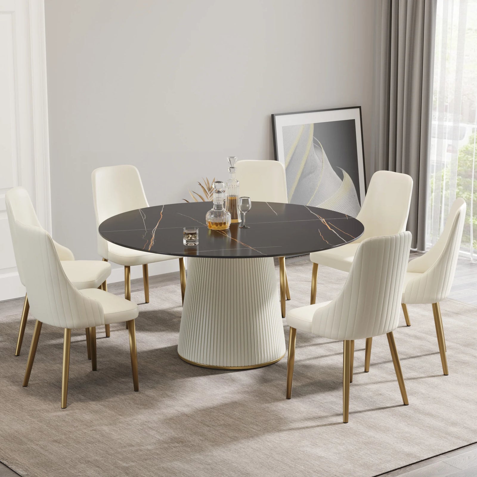 Mesa de comedor Marbella de piedra sinterizada | Redonda de 150 cm (59 pulgadas) en negro mate con base revestida de cuero