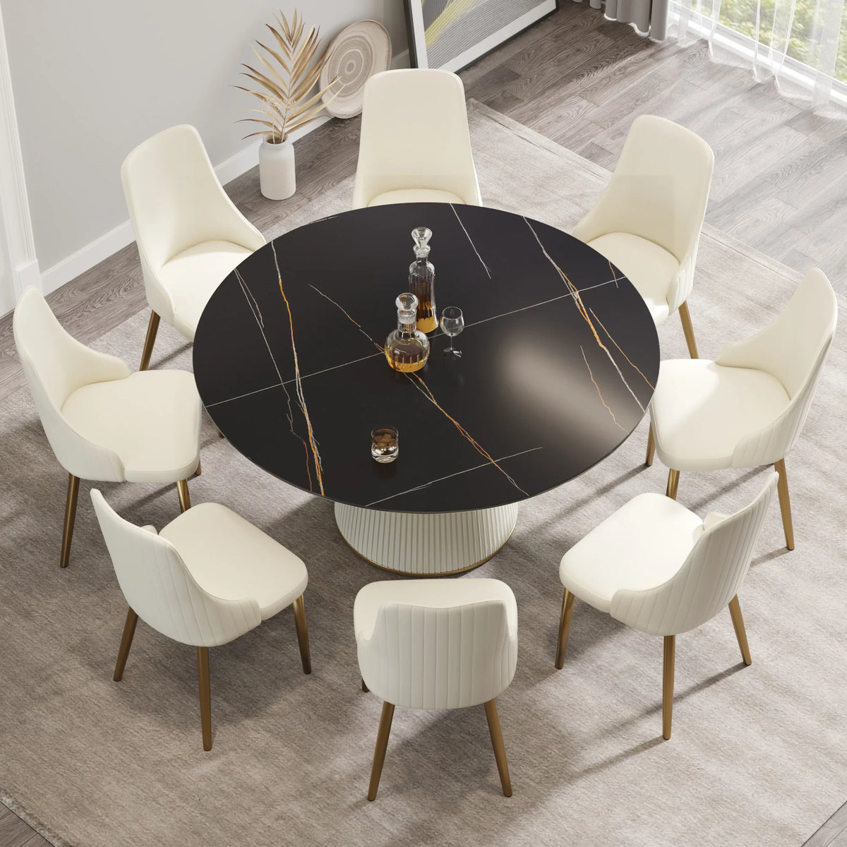 Mesa de comedor Marbella de piedra sinterizada | Redonda de 150 cm (59 pulgadas) en negro mate con base revestida de cuero
