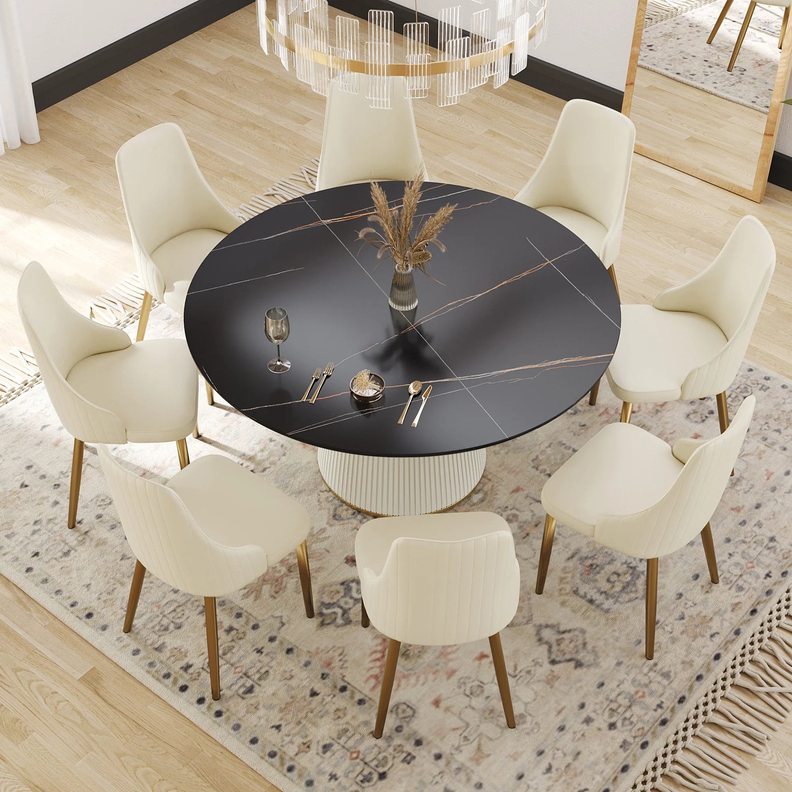 Mesa de comedor Marbella de piedra sinterizada | Redonda de 150 cm (59 pulgadas) en negro mate con base revestida de cuero